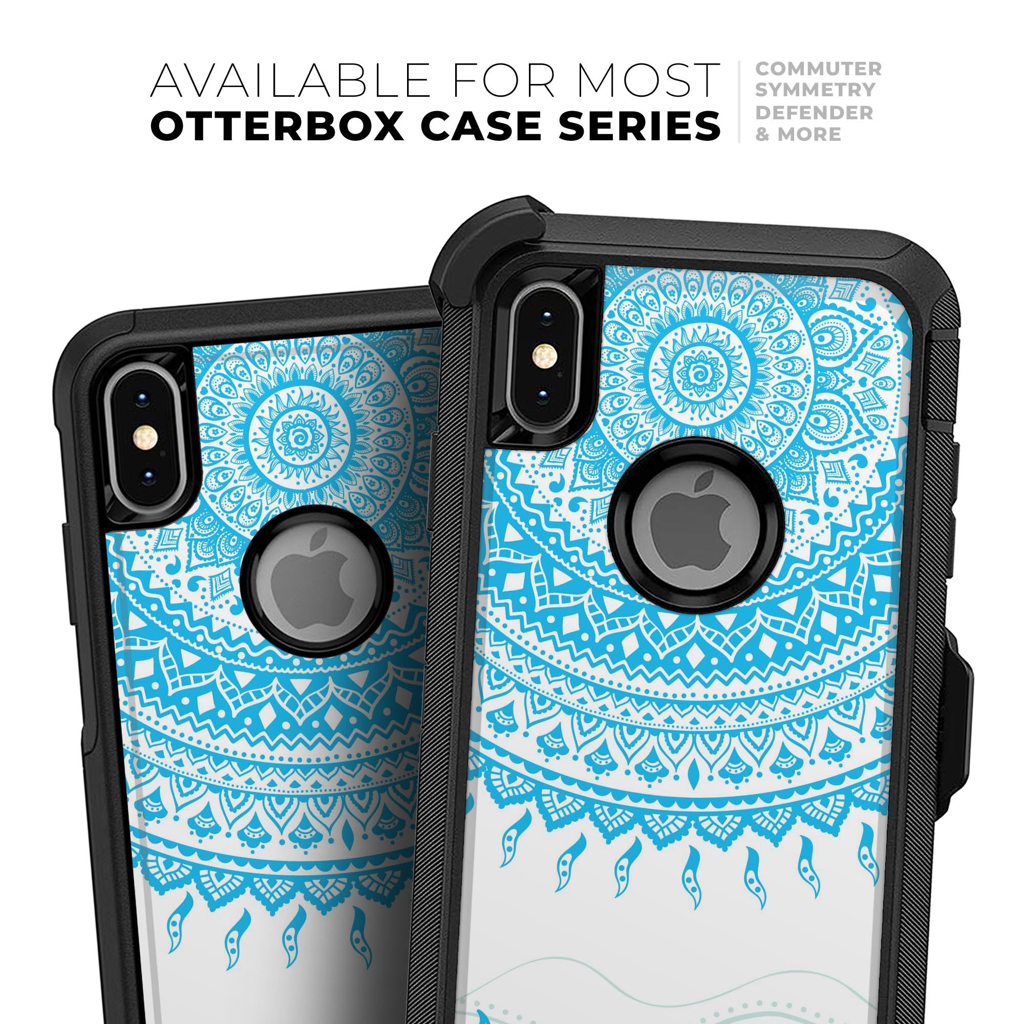 Bright Blue Circle Mandala skin kit for iPhone OtterBox cases, showcasing vibrant blue mandala design on a sleek surface.