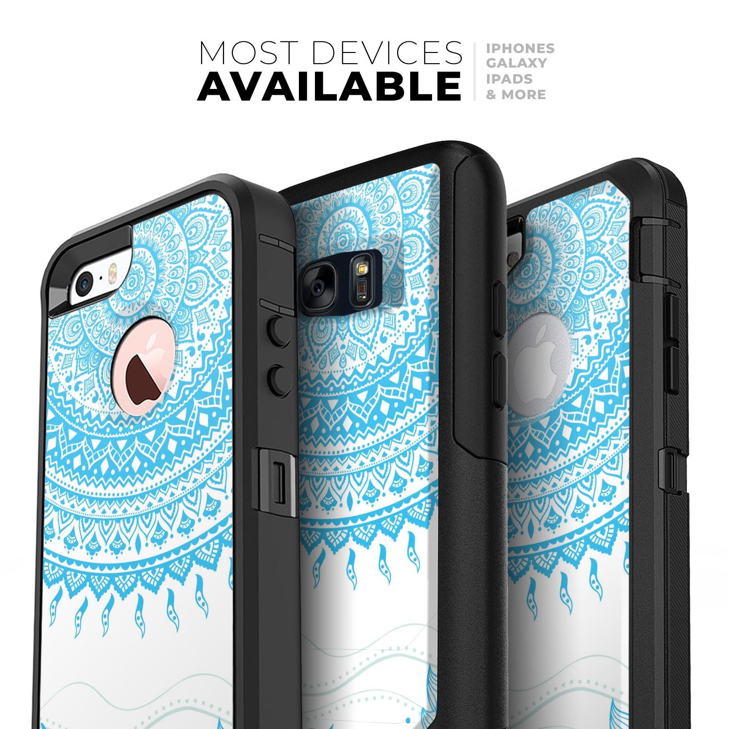 Bright Blue Circle Mandala skin kit for iPhone OtterBox cases, showcasing vibrant blue mandala design on a sleek surface.