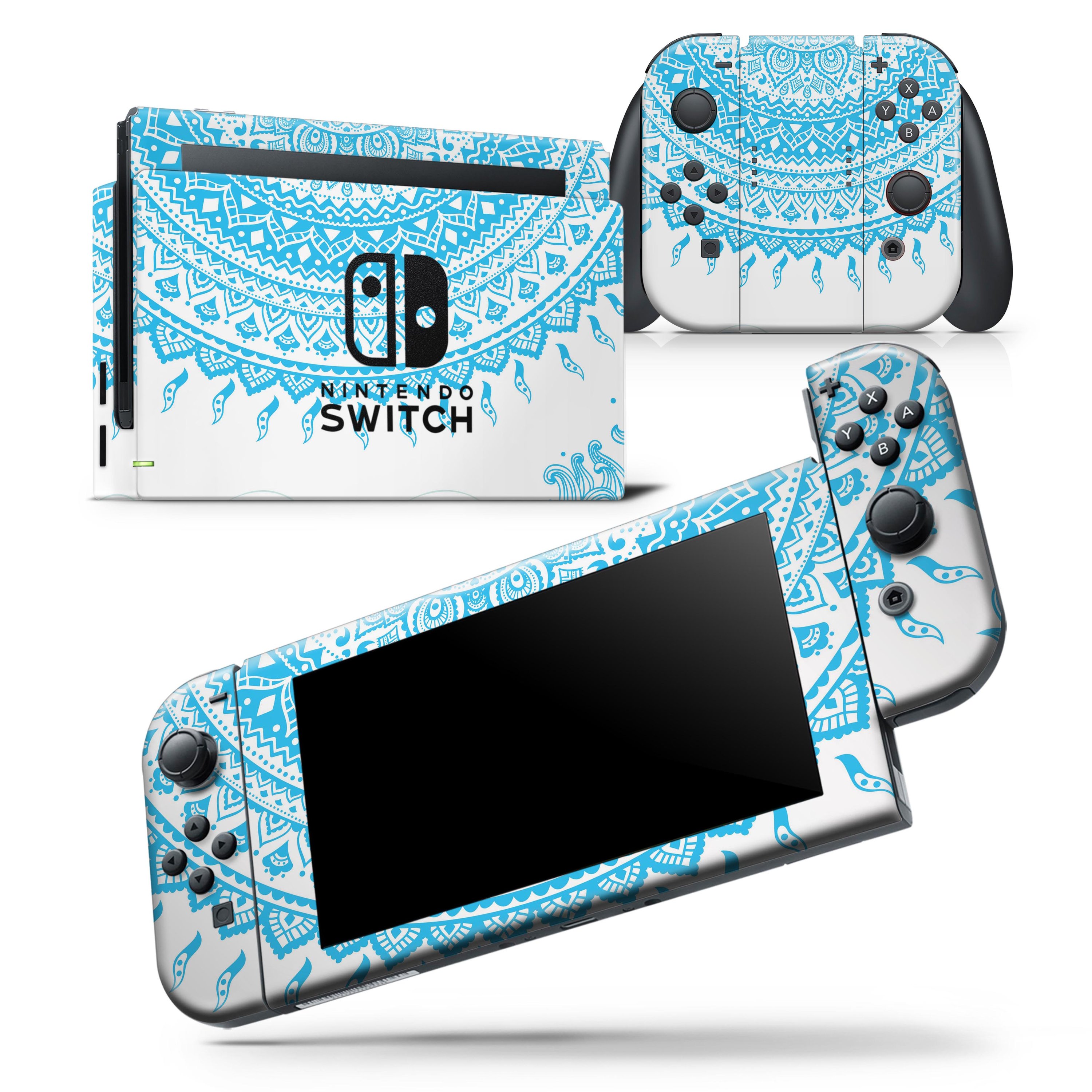 Bright Blue Circle Mandala skin wrap decal for Nintendo Switch, showcasing vibrant colors and intricate mandala design.