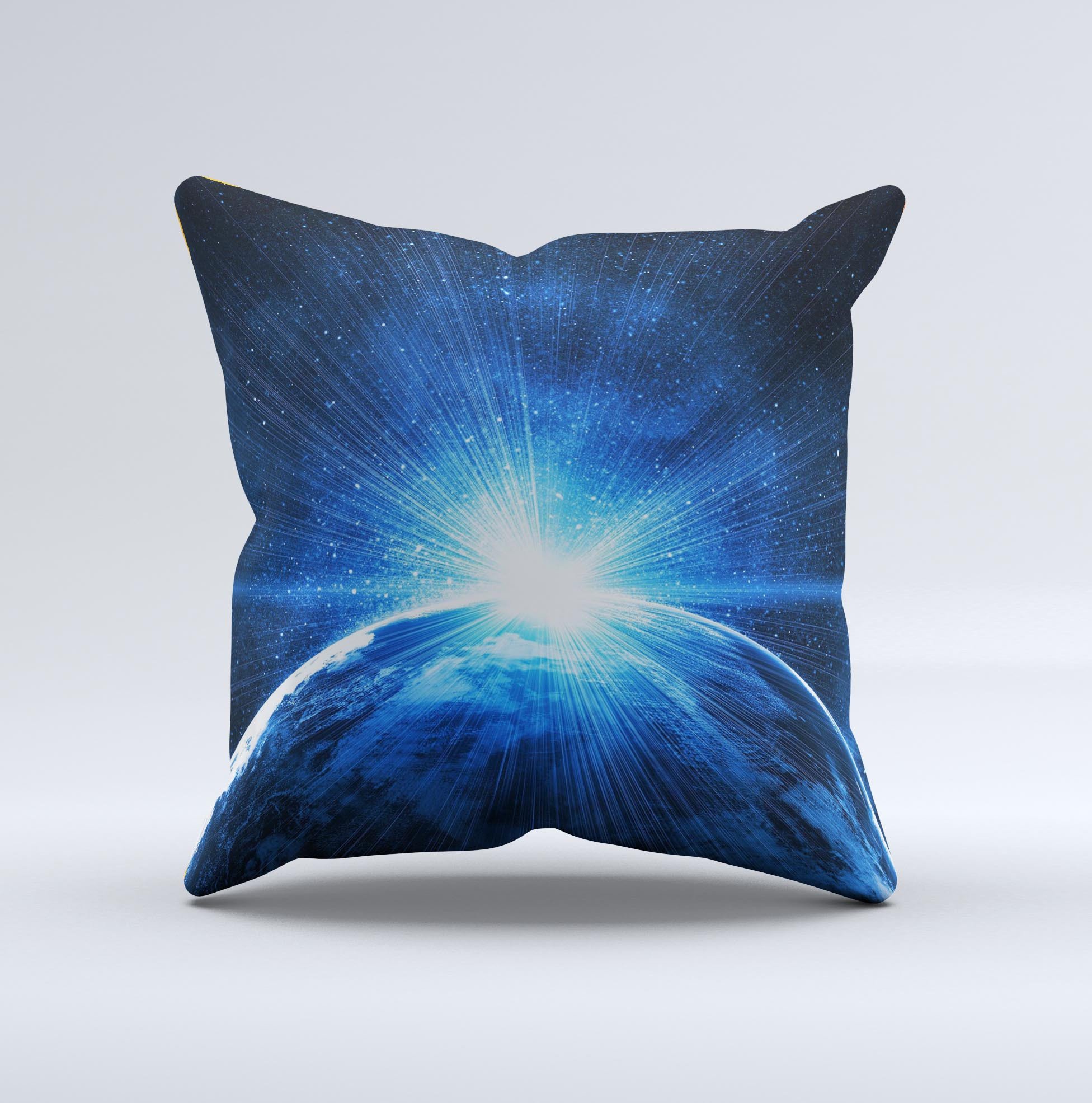 Bright Blue Earth Light Flash Decorative Throw Pillow with unique ink-fuzed design, handcrafted in Virginia, showcasing vibrant colors and high-quality fabric.