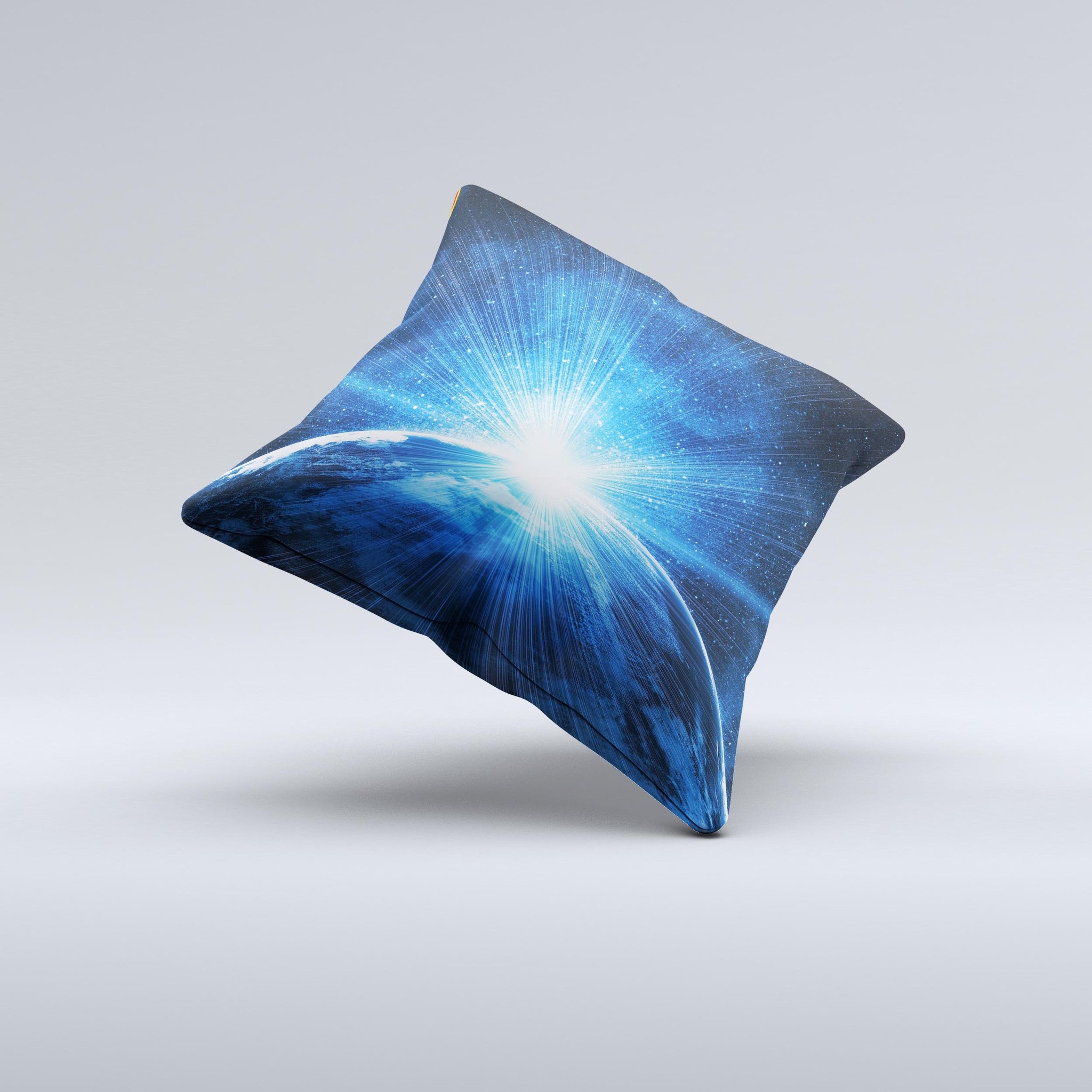 Bright Blue Earth Light Flash Decorative Throw Pillow with unique ink-fuzed design, handcrafted in Virginia, showcasing vibrant colors and high-quality fabric.