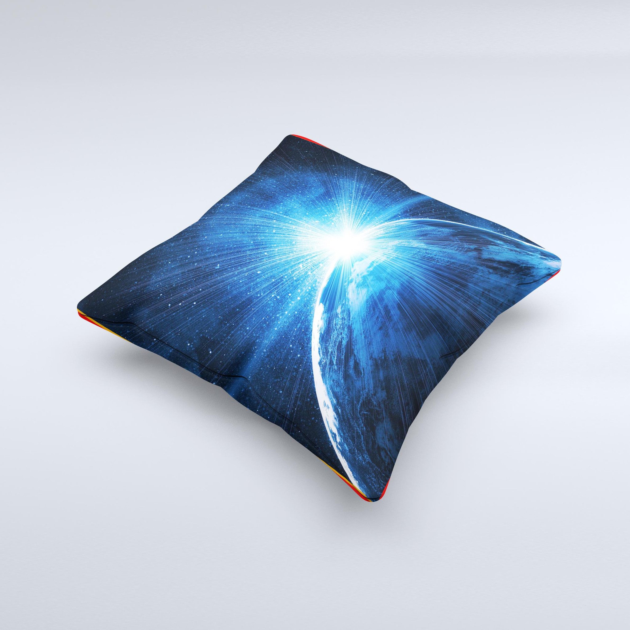 Bright Blue Earth Light Flash Decorative Throw Pillow with unique ink-fuzed design, handcrafted in Virginia, showcasing vibrant colors and high-quality fabric.