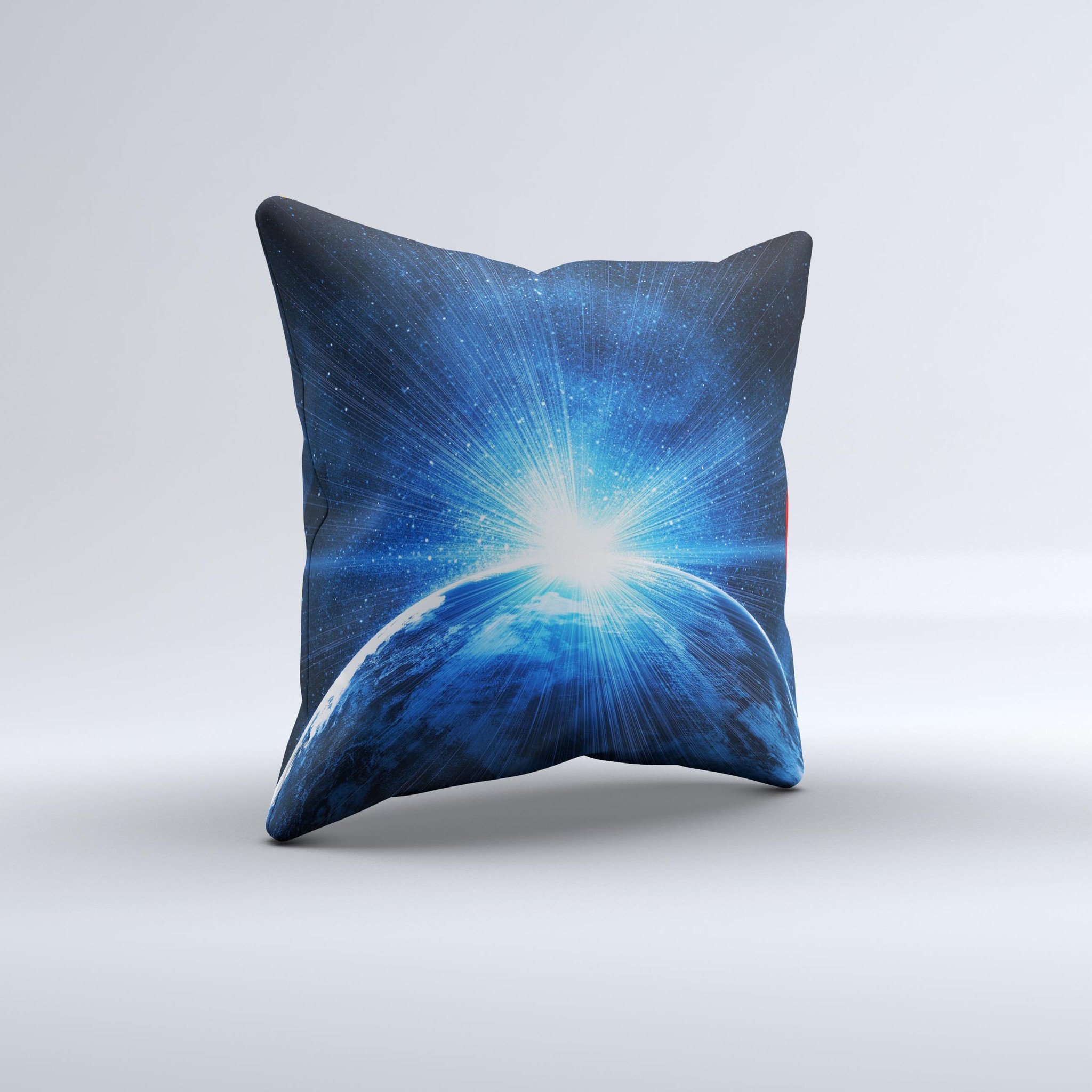 Bright Blue Earth Light Flash Decorative Throw Pillow with unique ink-fuzed design, handcrafted in Virginia, showcasing vibrant colors and high-quality fabric.