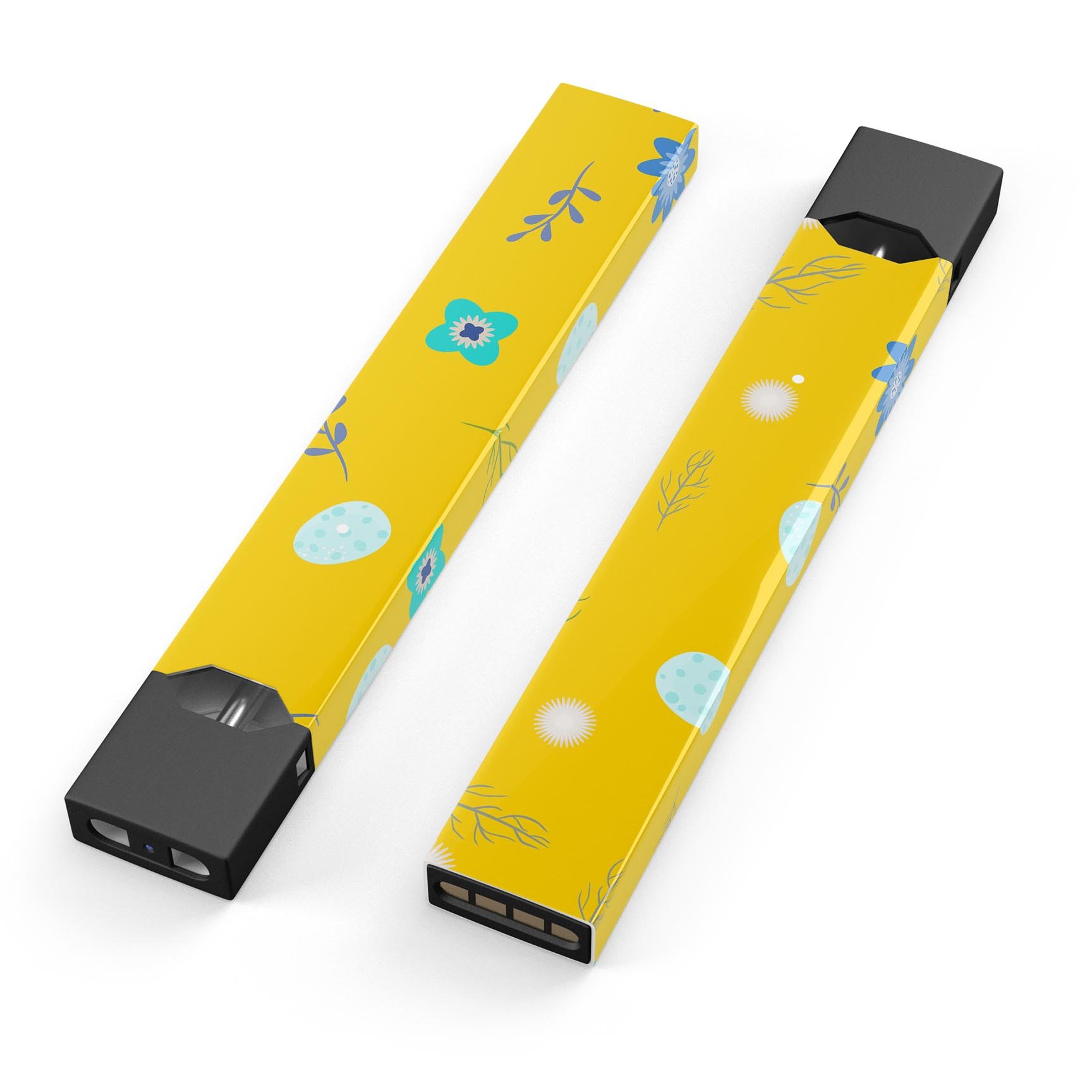 Bright Blue Flowers and Egg Pattern decal for JUUL vaping device, showcasing vibrant colors and intricate design.