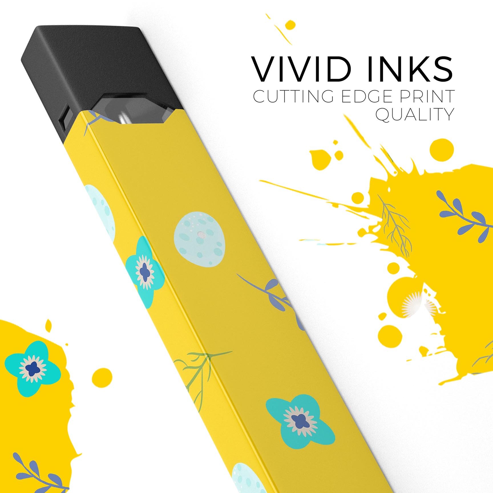 Bright Blue Flowers and Egg Pattern decal for JUUL vaping device, showcasing vibrant colors and intricate design.