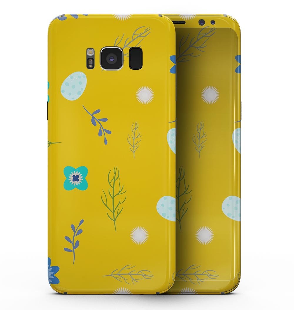 Bright Blue Flowers and Egg Pattern skin for Samsung Galaxy S8, showcasing vibrant floral design on a sleek vinyl surface.