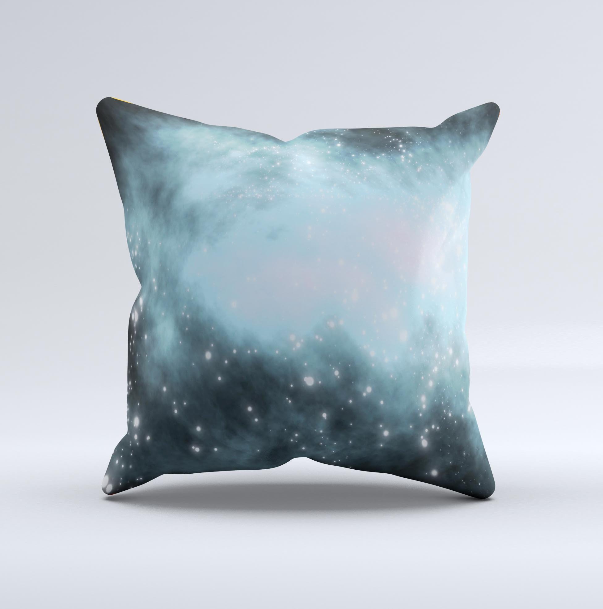 Bright Blue Vivid Galaxy Ink-Fuzed Decorative Throw Pillow showcasing a vibrant galaxy design with intricate details, handcrafted in Virginia.