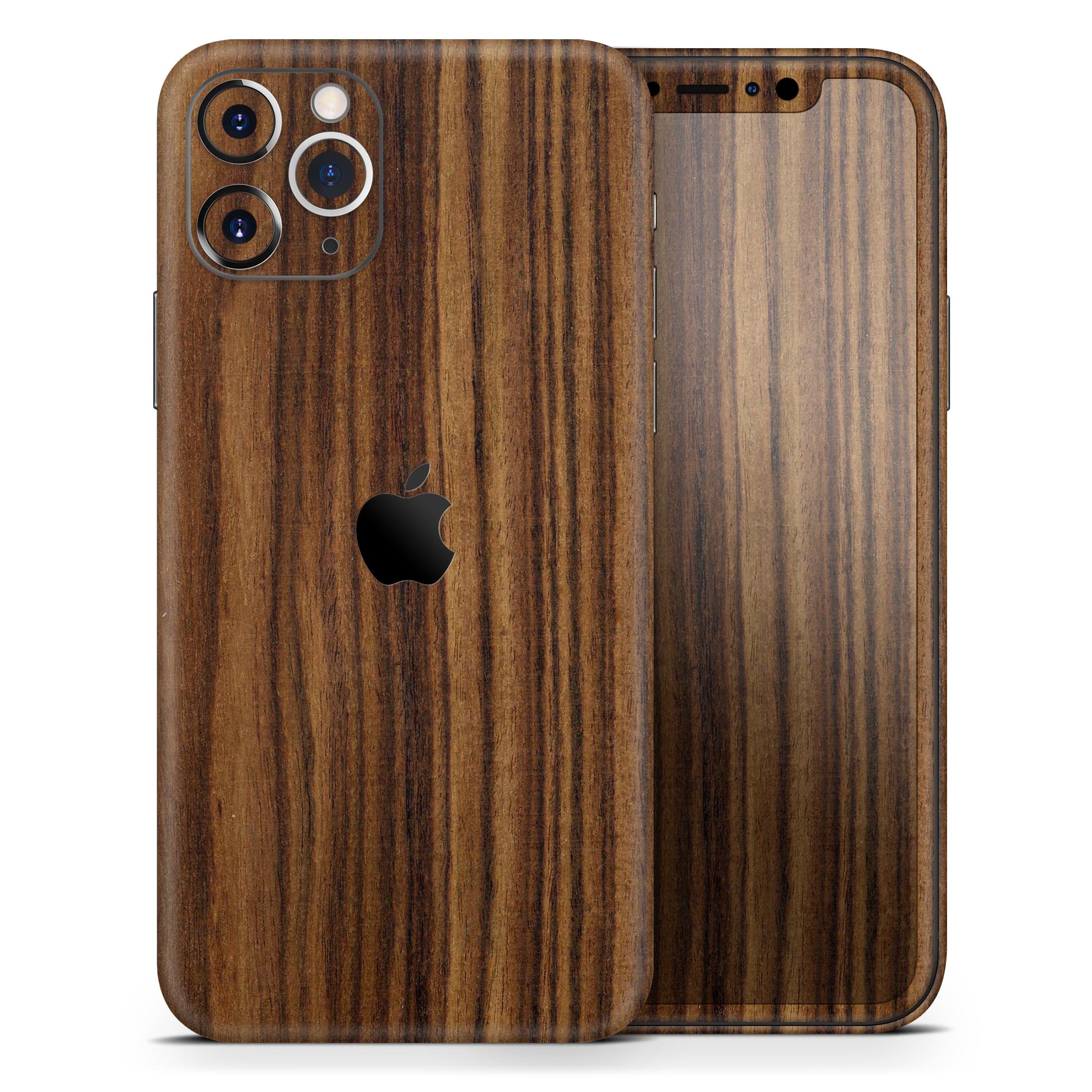 Bright Ebony Woodgrain Skin-Kit for Apple iPhone, showcasing a sleek design and premium finish.