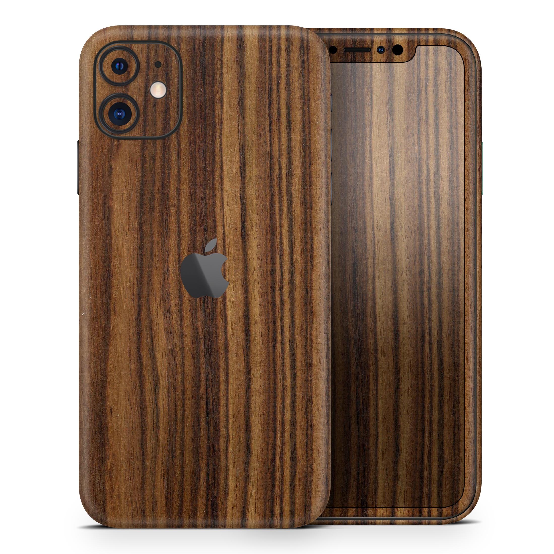 Bright Ebony Woodgrain Skin-Kit for Apple iPhone, showcasing a sleek design and premium finish.