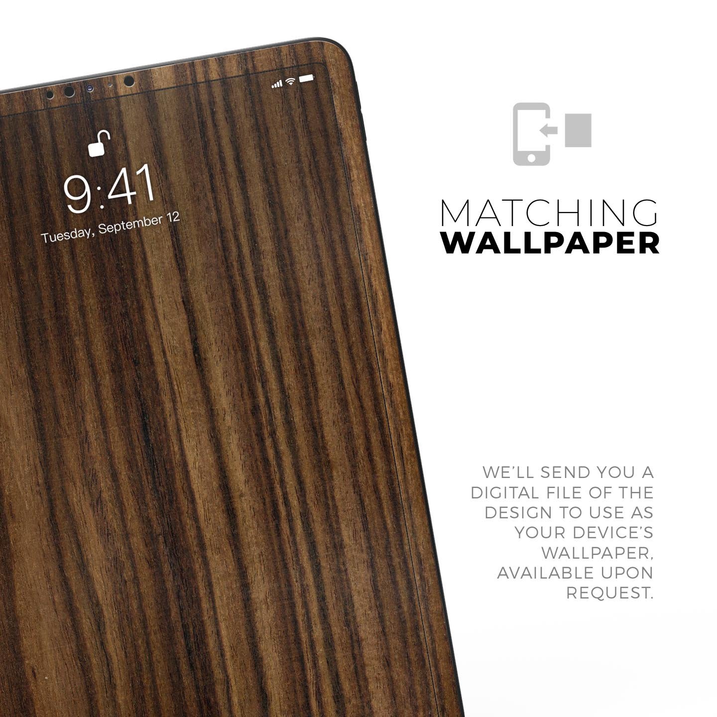 Bright Ebony Woodgrain skin decal for Apple iPad Pro, showcasing a sleek wood texture design for stylish protection.