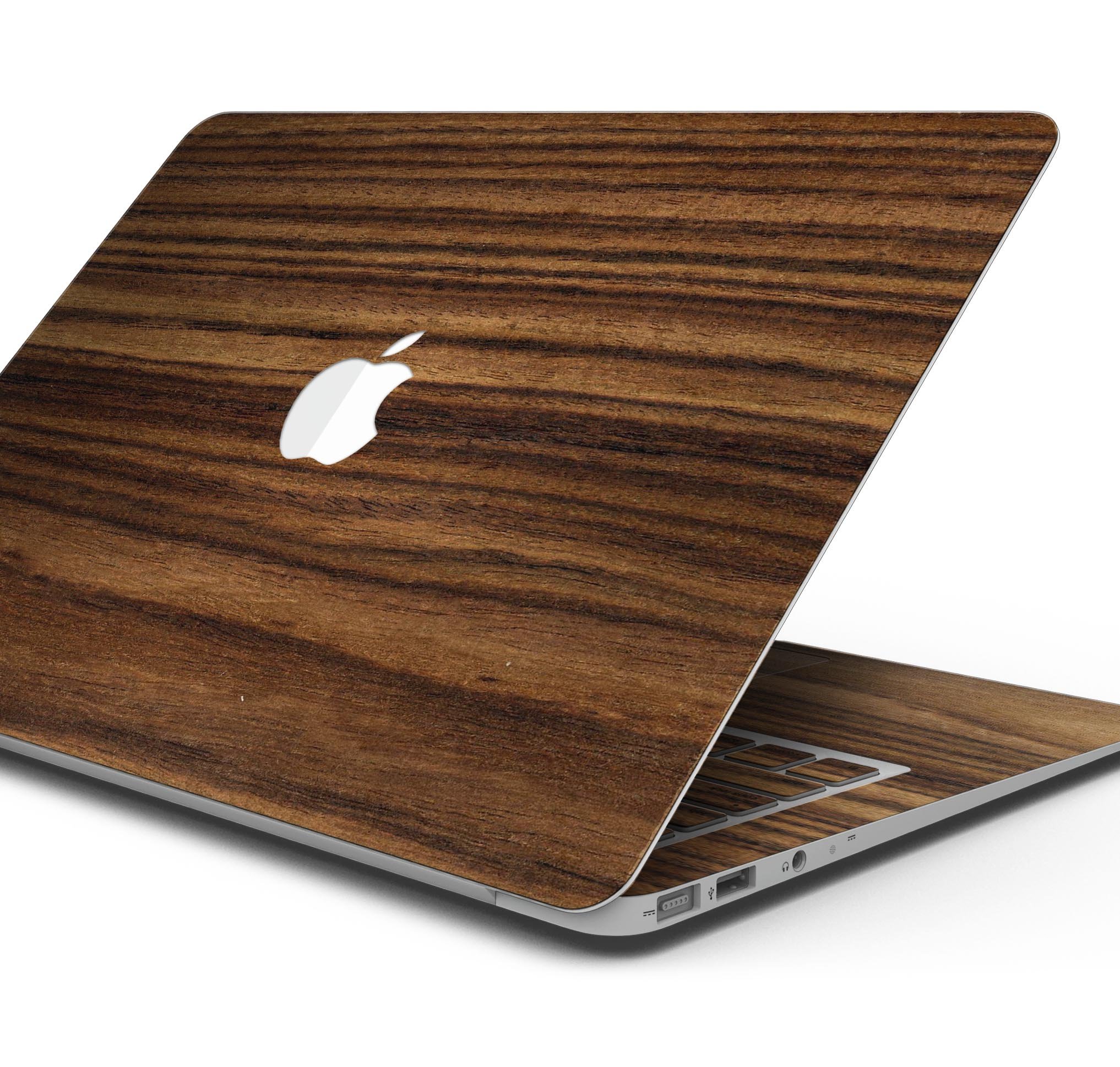 Bright Ebony Woodgrain skin decal wrap kit for MacBook, showcasing a stylish woodgrain design and premium vinyl material.