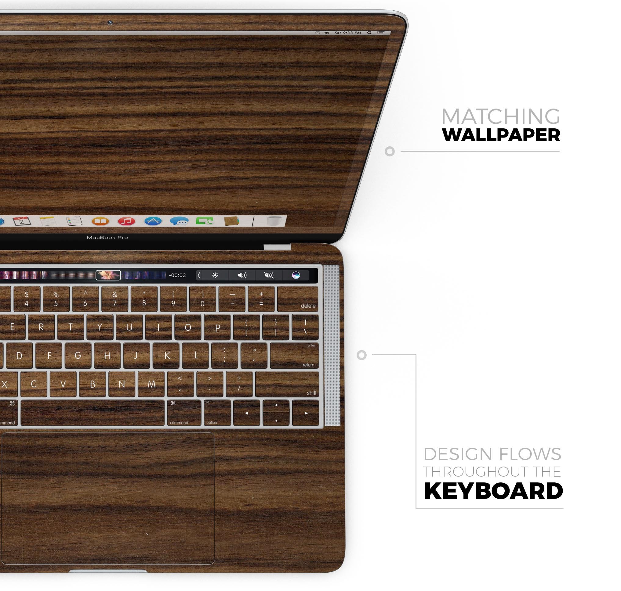 Bright Ebony Woodgrain skin decal wrap kit for MacBook, showcasing a stylish woodgrain design and premium vinyl material.