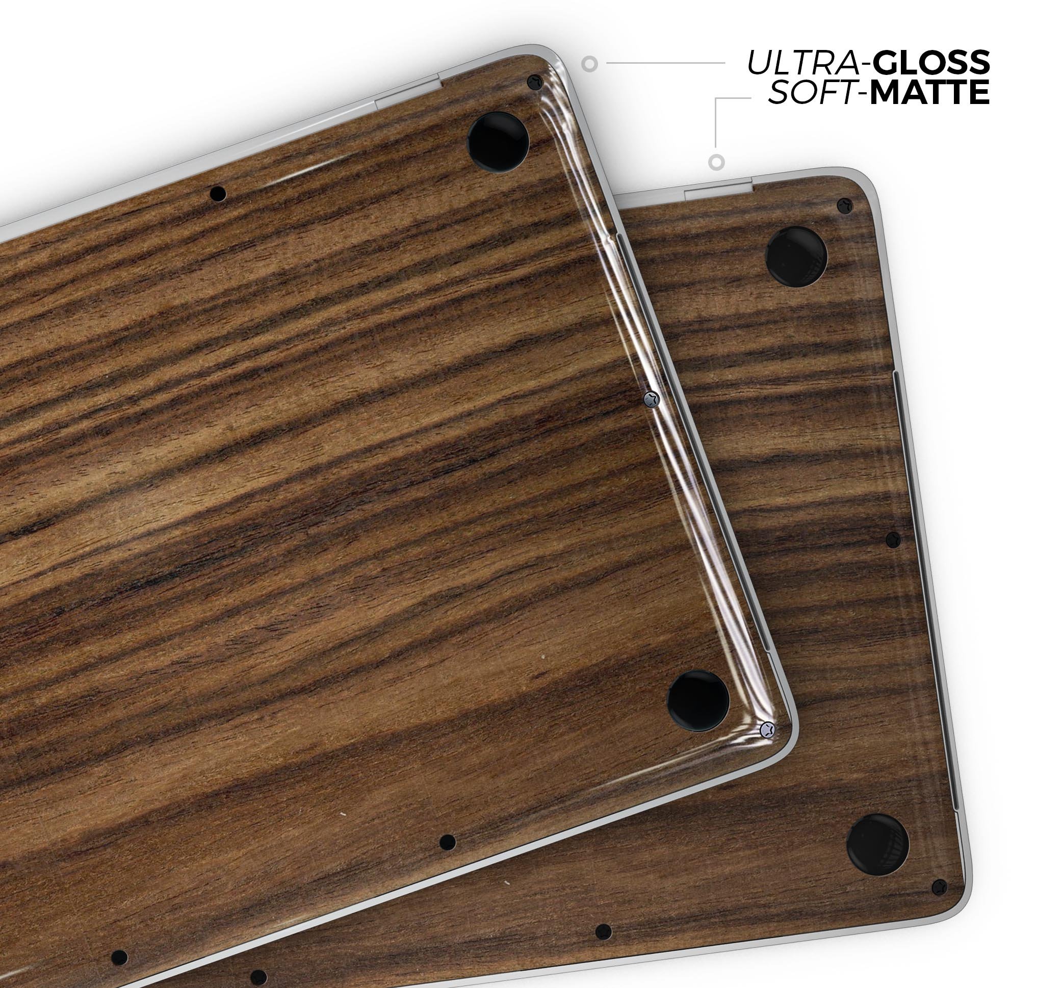 Bright Ebony Woodgrain skin decal wrap kit for MacBook, showcasing a stylish woodgrain design and premium vinyl material.