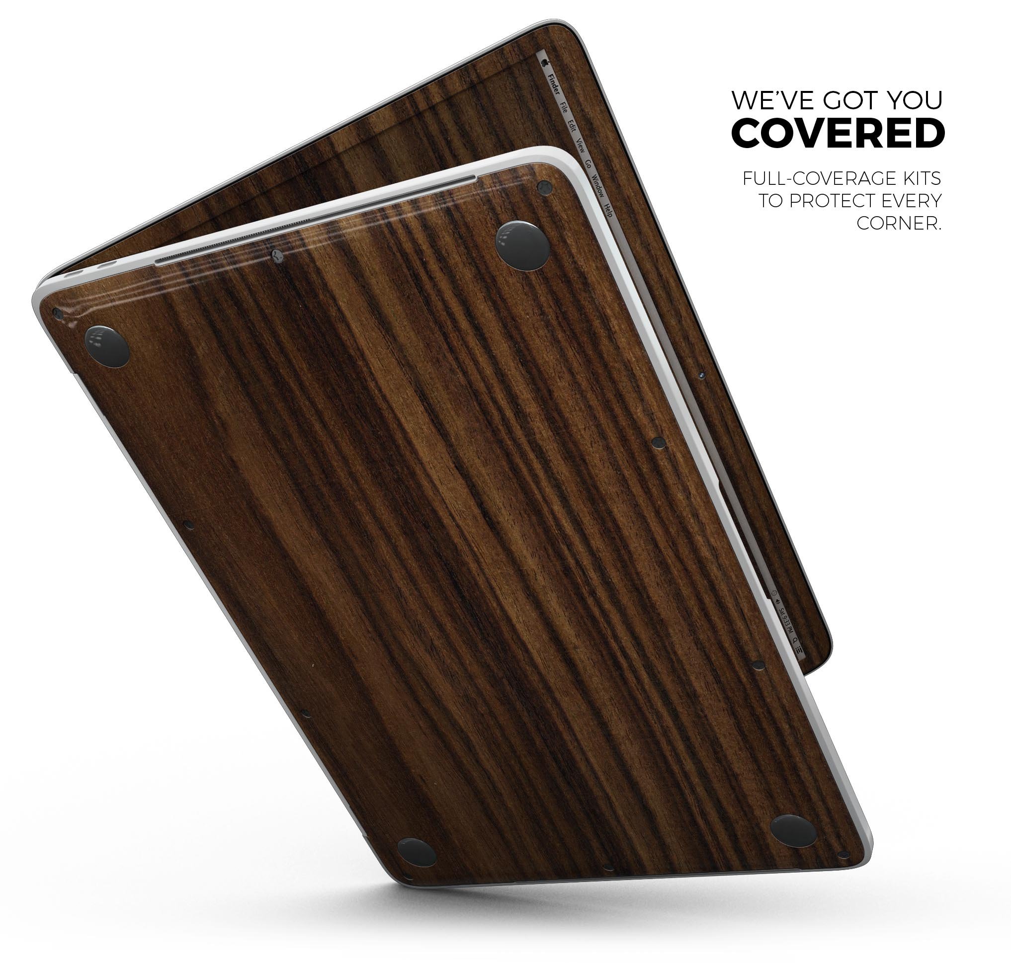 Bright Ebony Woodgrain skin decal wrap kit for MacBook, showcasing a stylish woodgrain design and premium vinyl material.