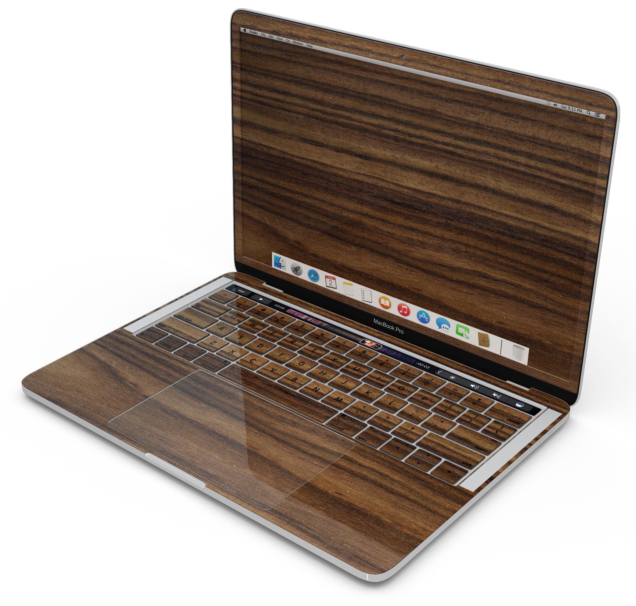 Bright Ebony Woodgrain skin decal wrap kit for MacBook, showcasing a stylish woodgrain design and premium vinyl material.