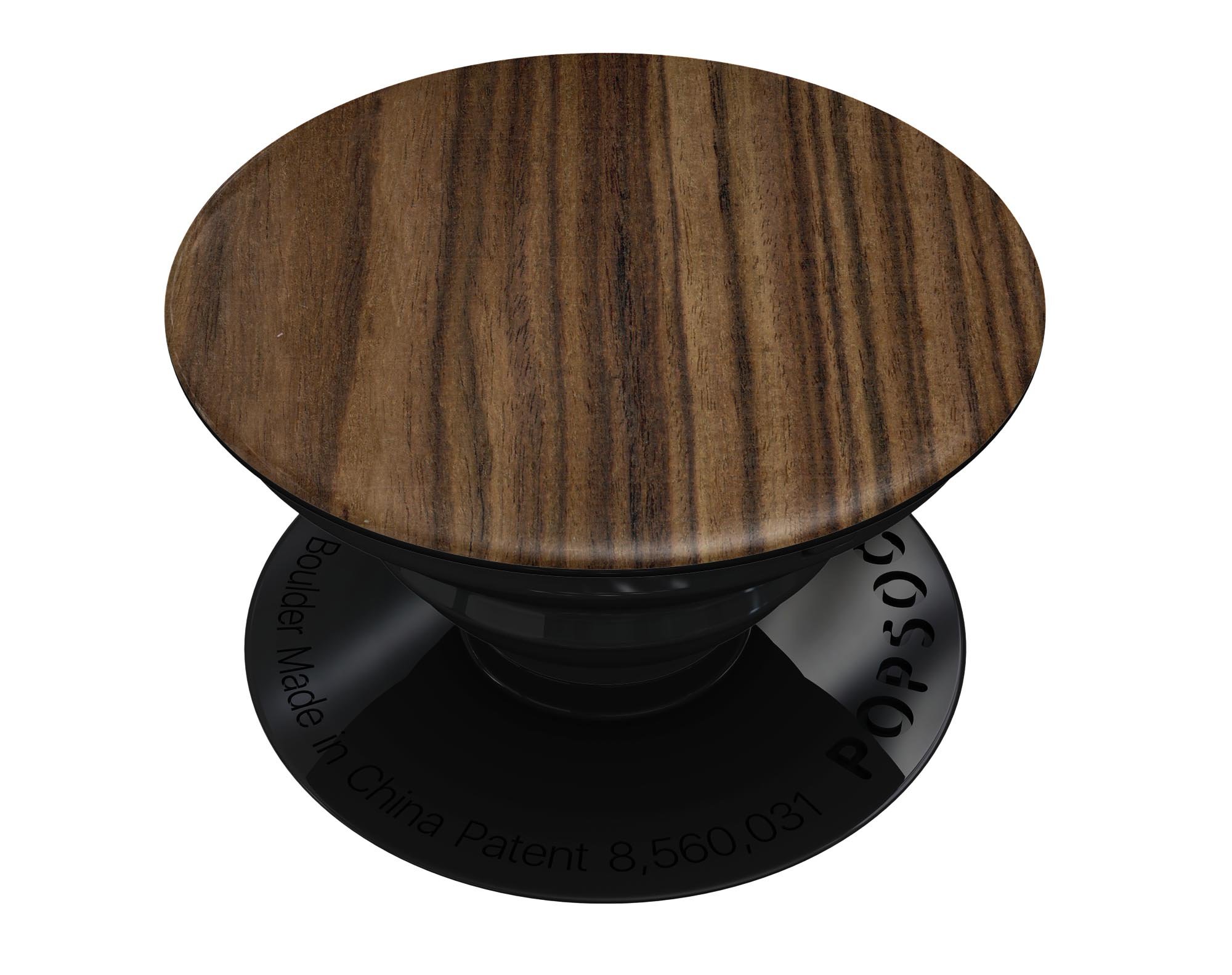 Bright Ebony Woodgrain Skin Kit for PopSockets, showcasing a stylish woodgrain design on a smartphone grip.