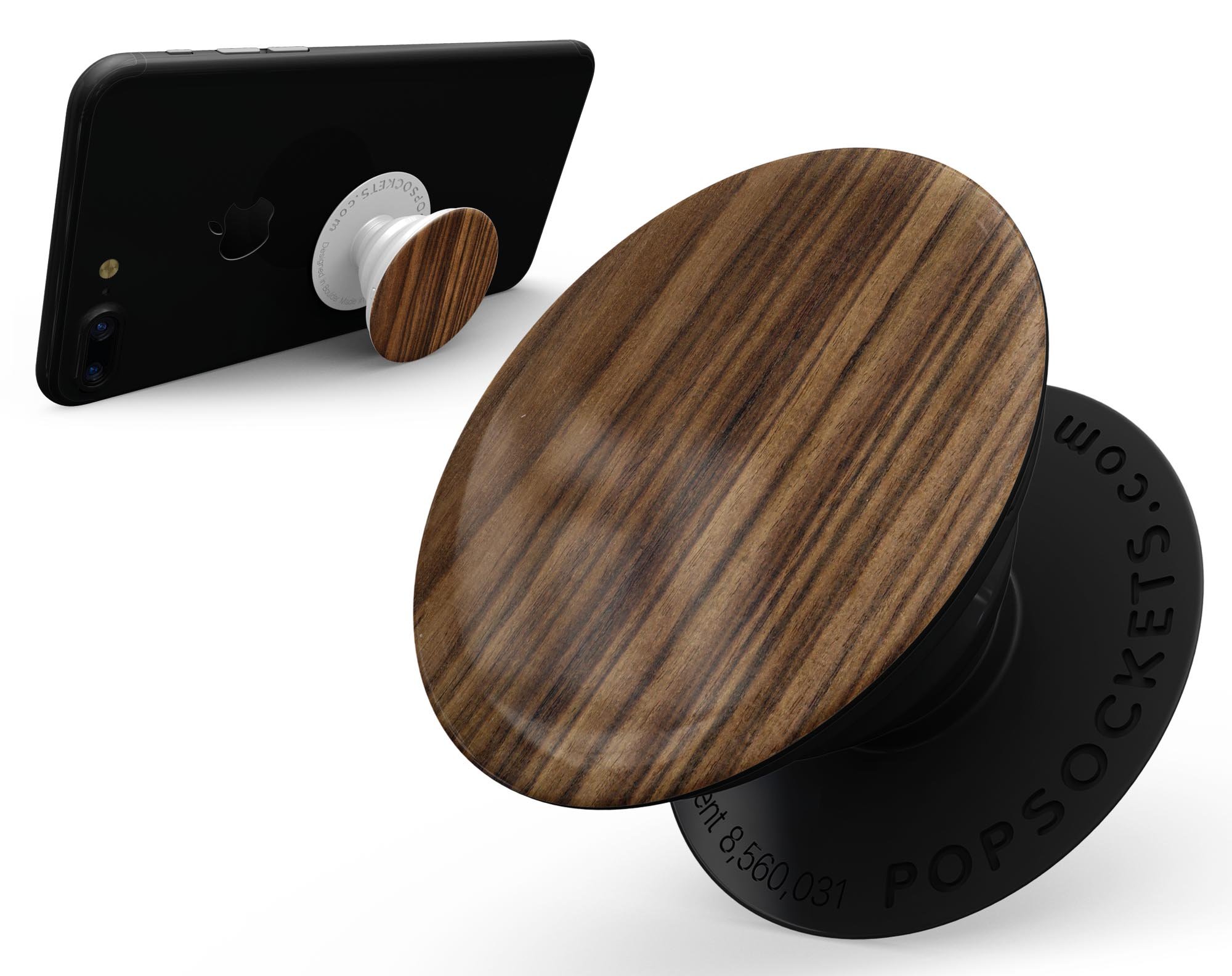 Bright Ebony Woodgrain Skin Kit for PopSockets, showcasing a stylish woodgrain design on a smartphone grip.