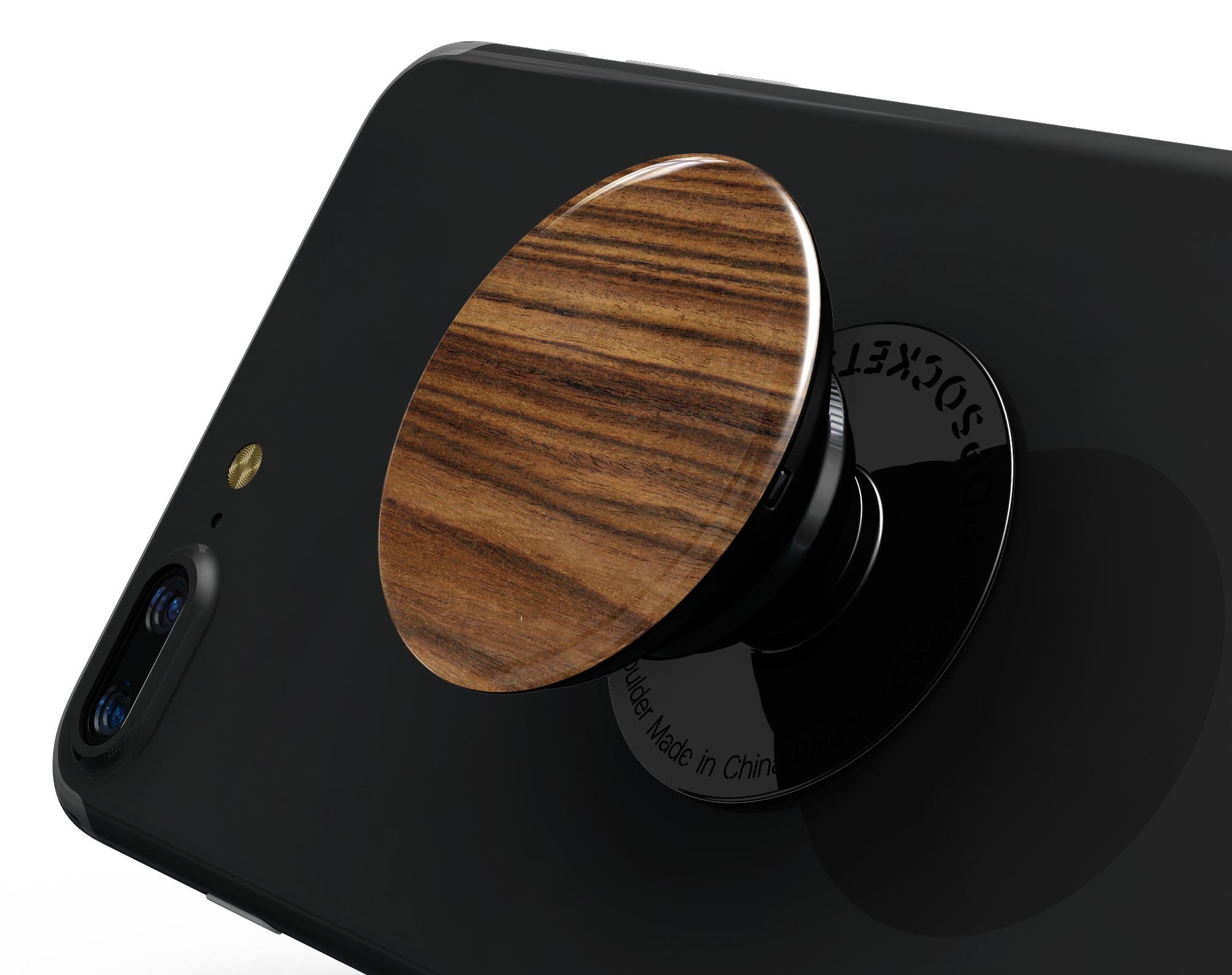 Bright Ebony Woodgrain Skin Kit for PopSockets, showcasing a stylish woodgrain design on a smartphone grip.