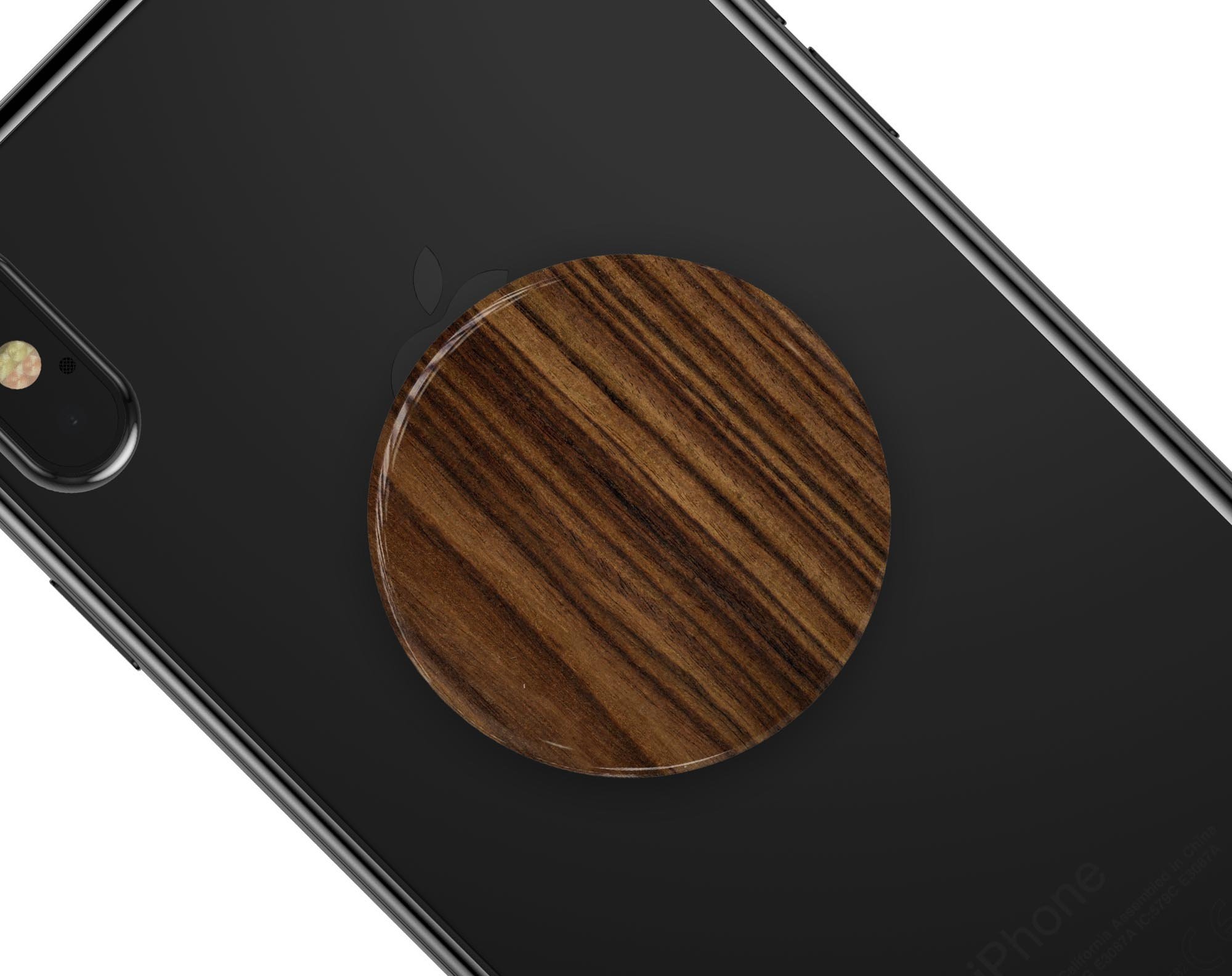 Bright Ebony Woodgrain Skin Kit for PopSockets, showcasing a stylish woodgrain design on a smartphone grip.