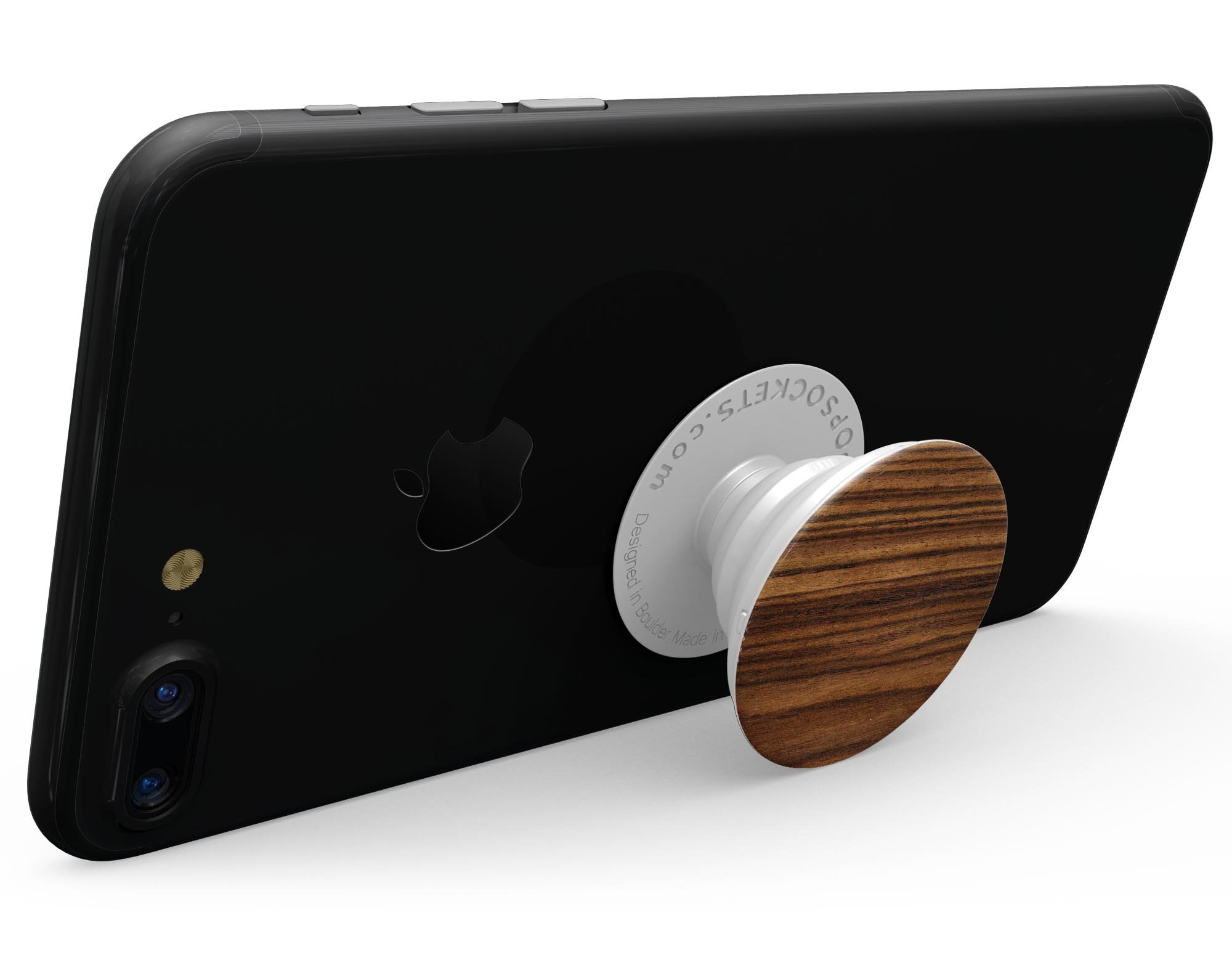 Bright Ebony Woodgrain Skin Kit for PopSockets, showcasing a stylish woodgrain design on a smartphone grip.