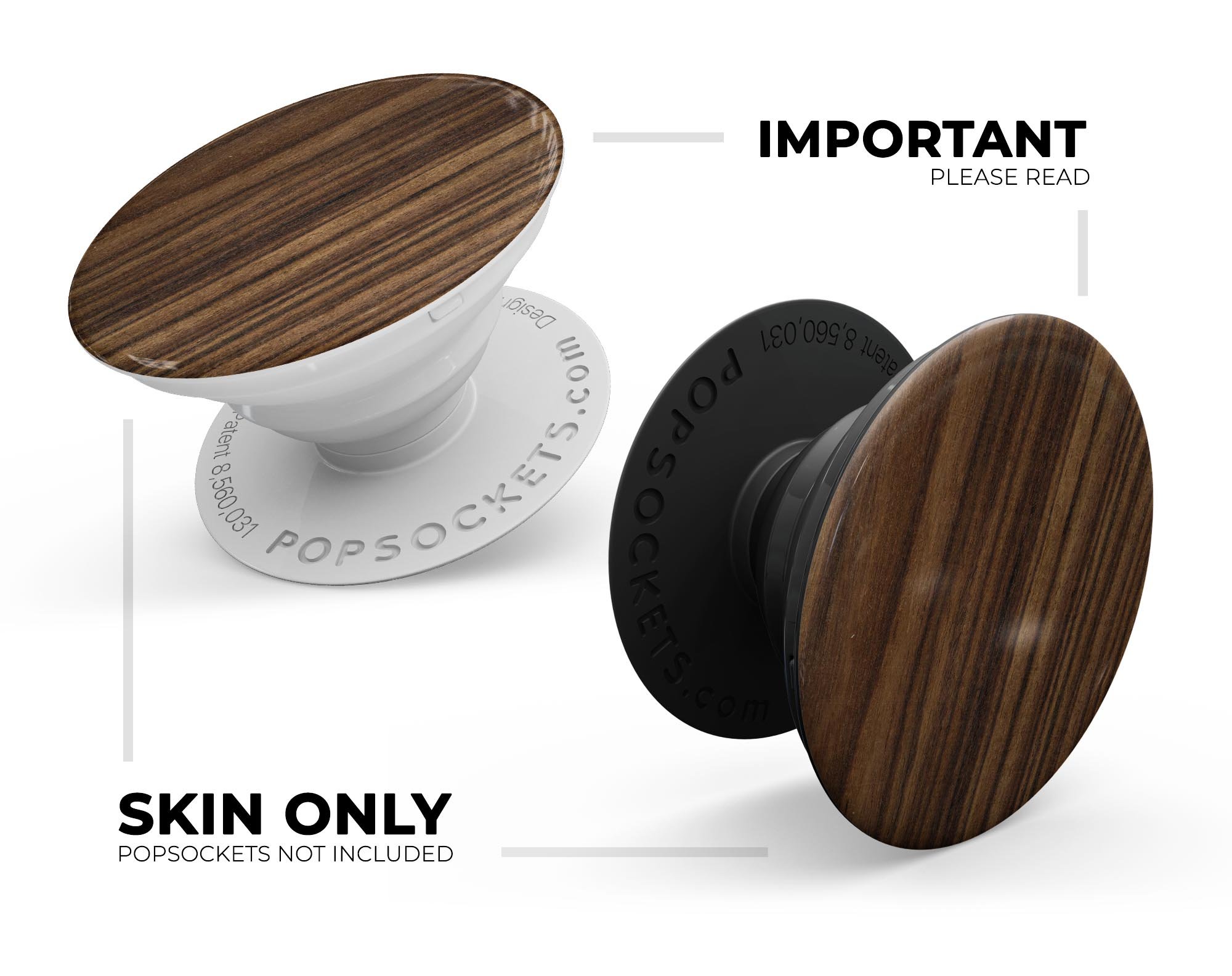 Bright Ebony Woodgrain Skin Kit for PopSockets, showcasing a stylish woodgrain design on a smartphone grip.