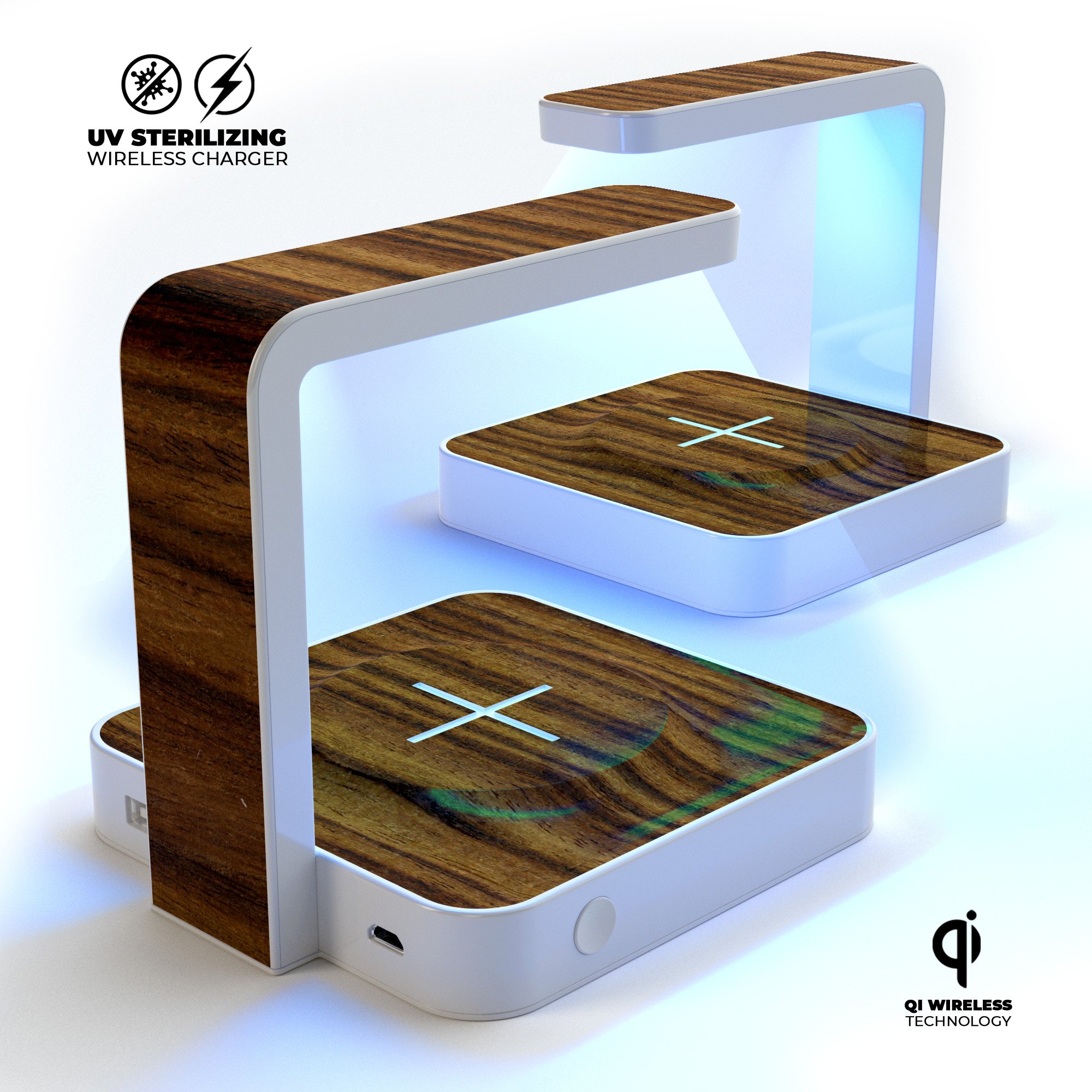 Bright Ebony Woodgrain UV Germicidal Sanitizing Wireless Charger with phone on top, showcasing its sleek design and functionality.