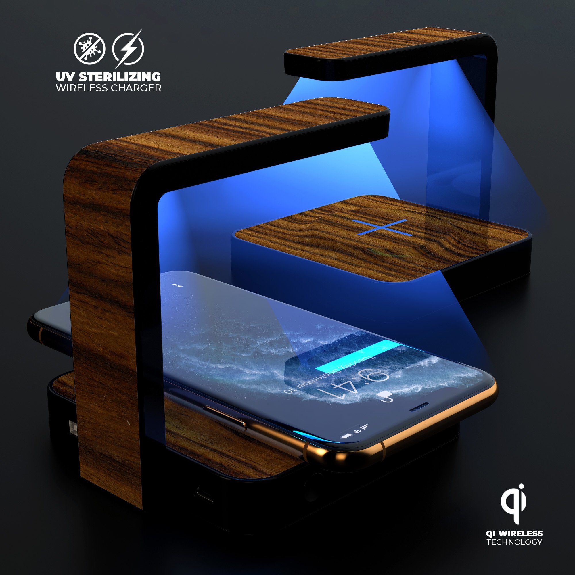 Bright Ebony Woodgrain UV Germicidal Sanitizing Wireless Charger with phone on top, showcasing its sleek design and functionality.