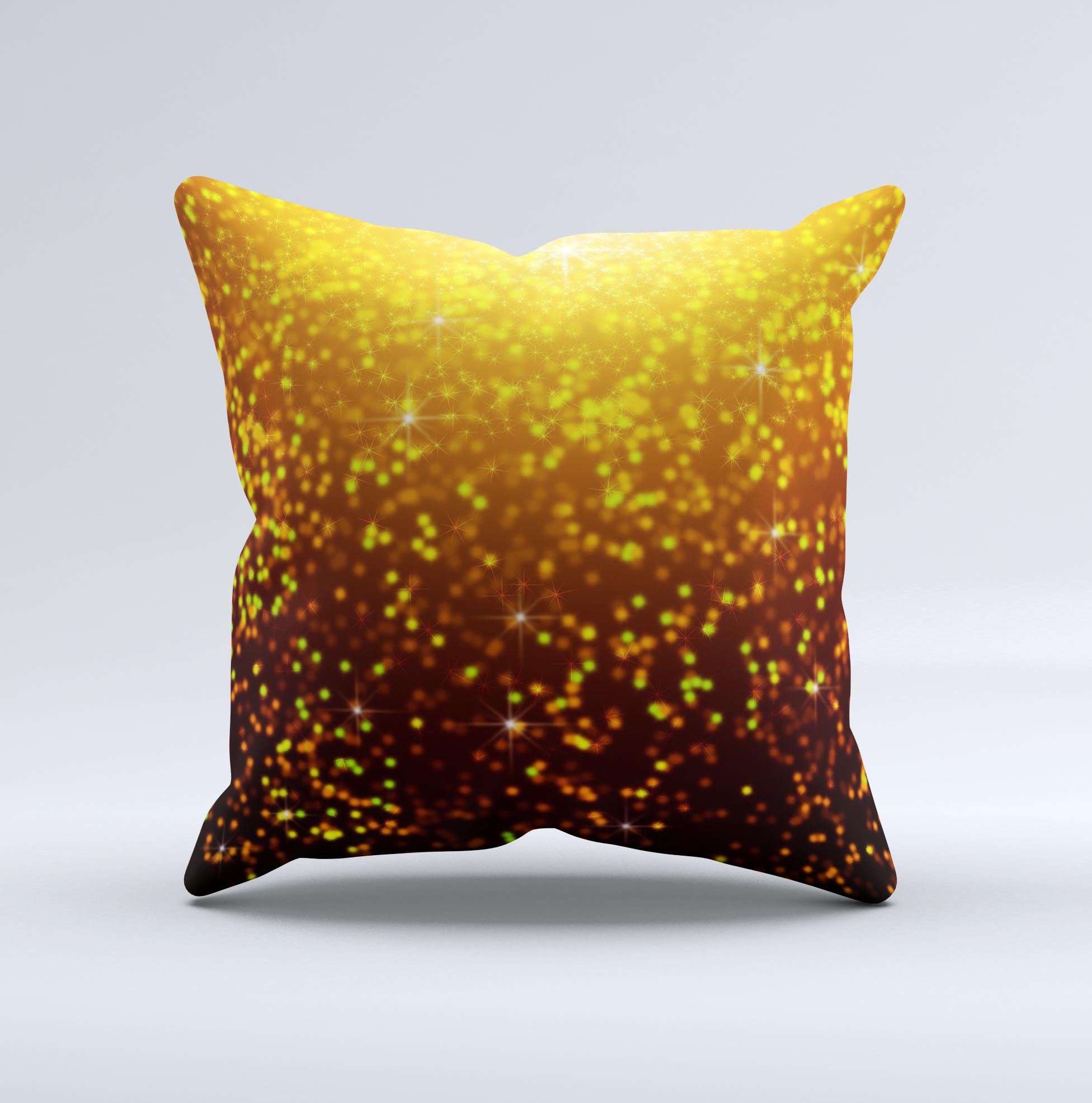 Bright Gold Glowing Sparks Ink-Fuzed Decorative Throw Pillow with unique hand-crafted design and luxurious fabric.