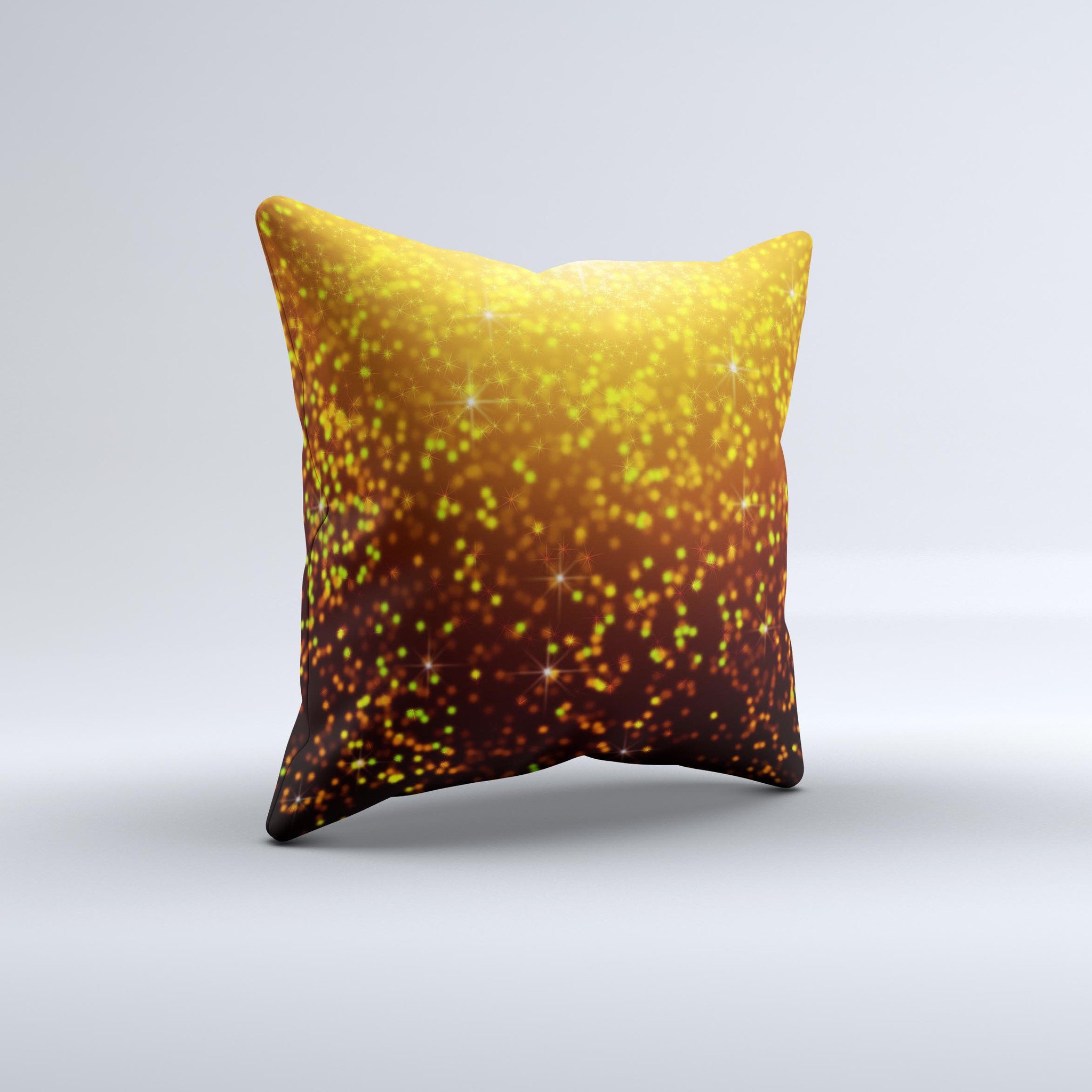 Bright Gold Glowing Sparks Ink-Fuzed Decorative Throw Pillow with unique hand-crafted design and luxurious fabric.