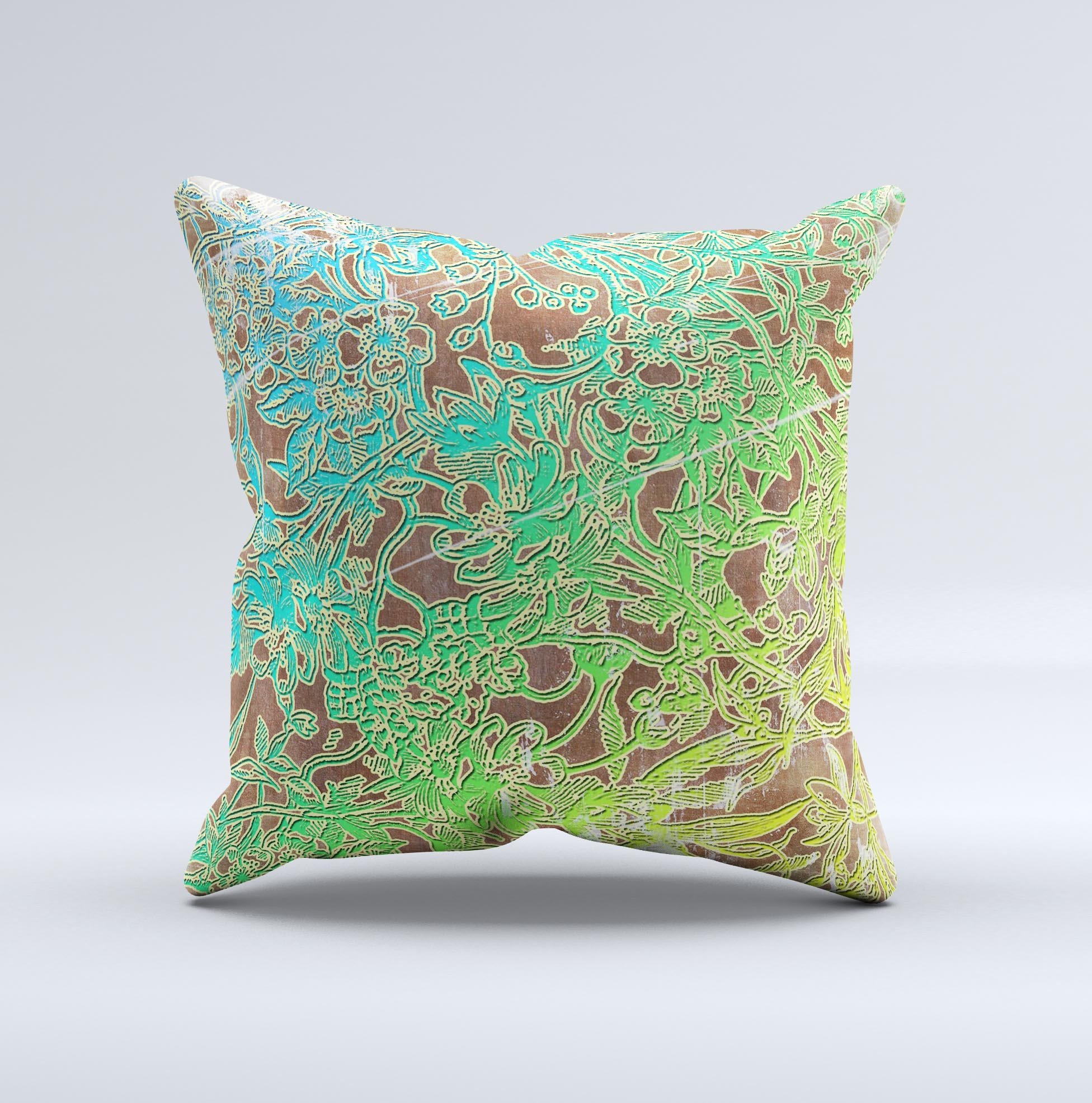 Bright green decorative throw pillow with floral lace design, showcasing a unique handmade quality.