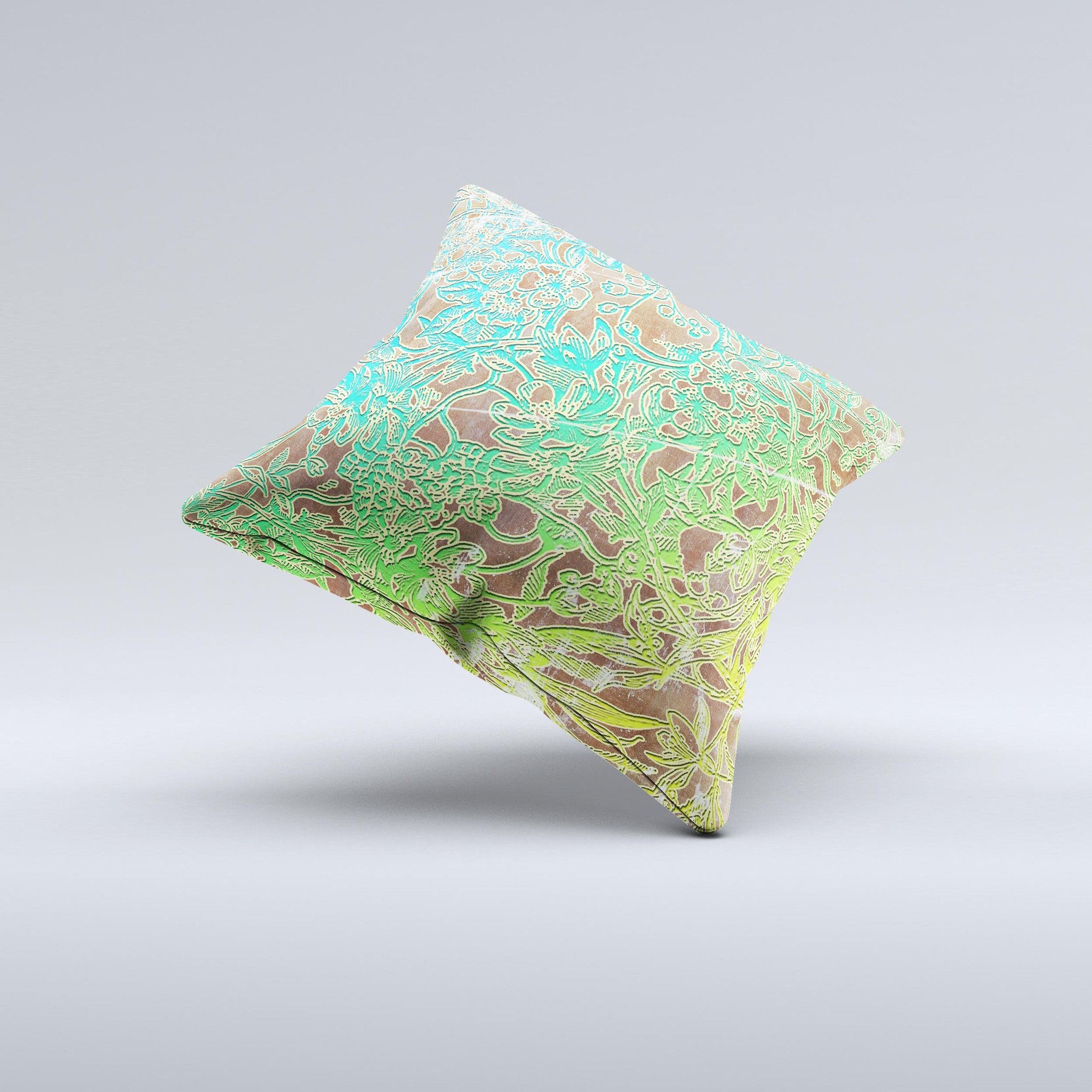 Bright green decorative throw pillow with floral lace design, showcasing a unique handmade quality.