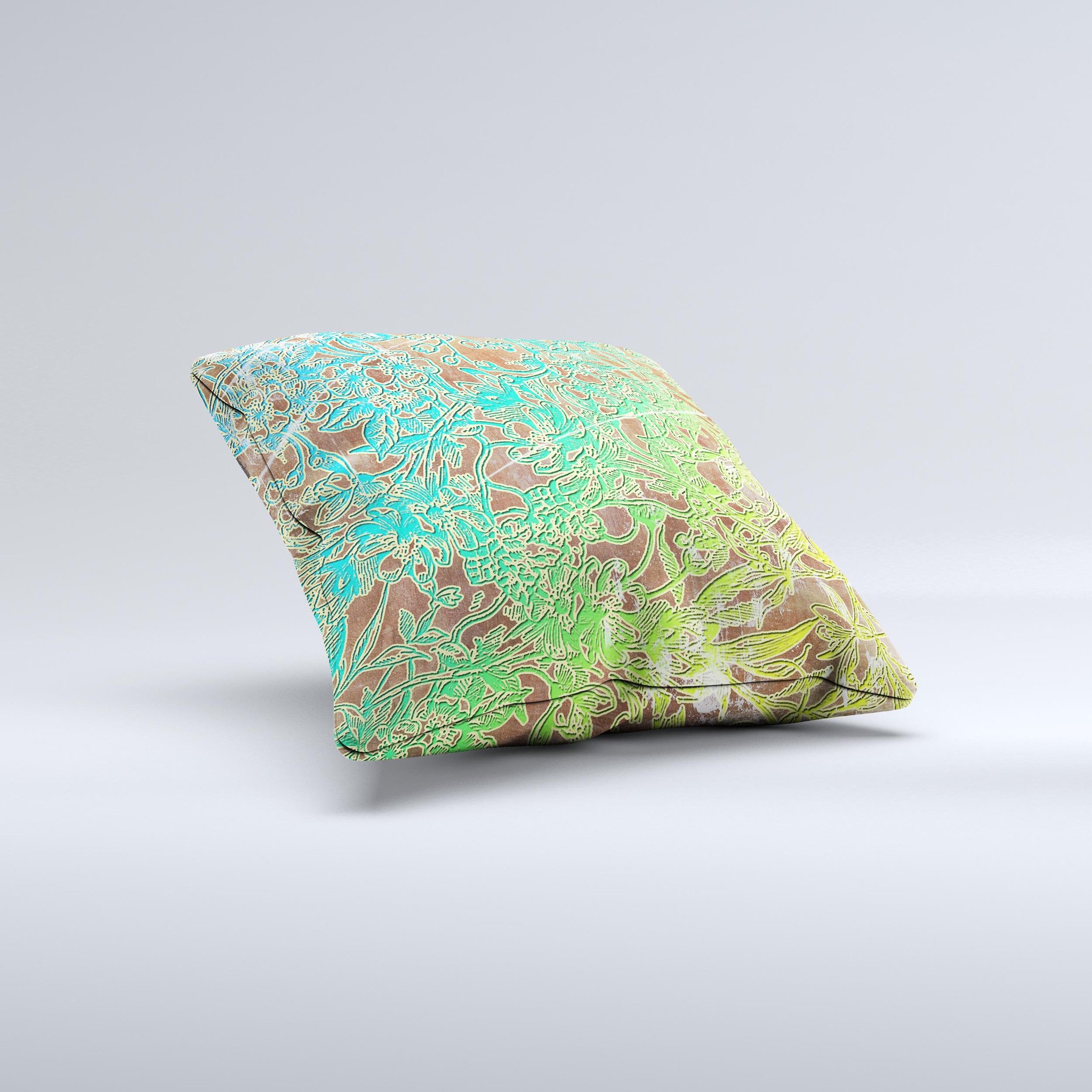 Bright green decorative throw pillow with floral lace design, showcasing a unique handmade quality.