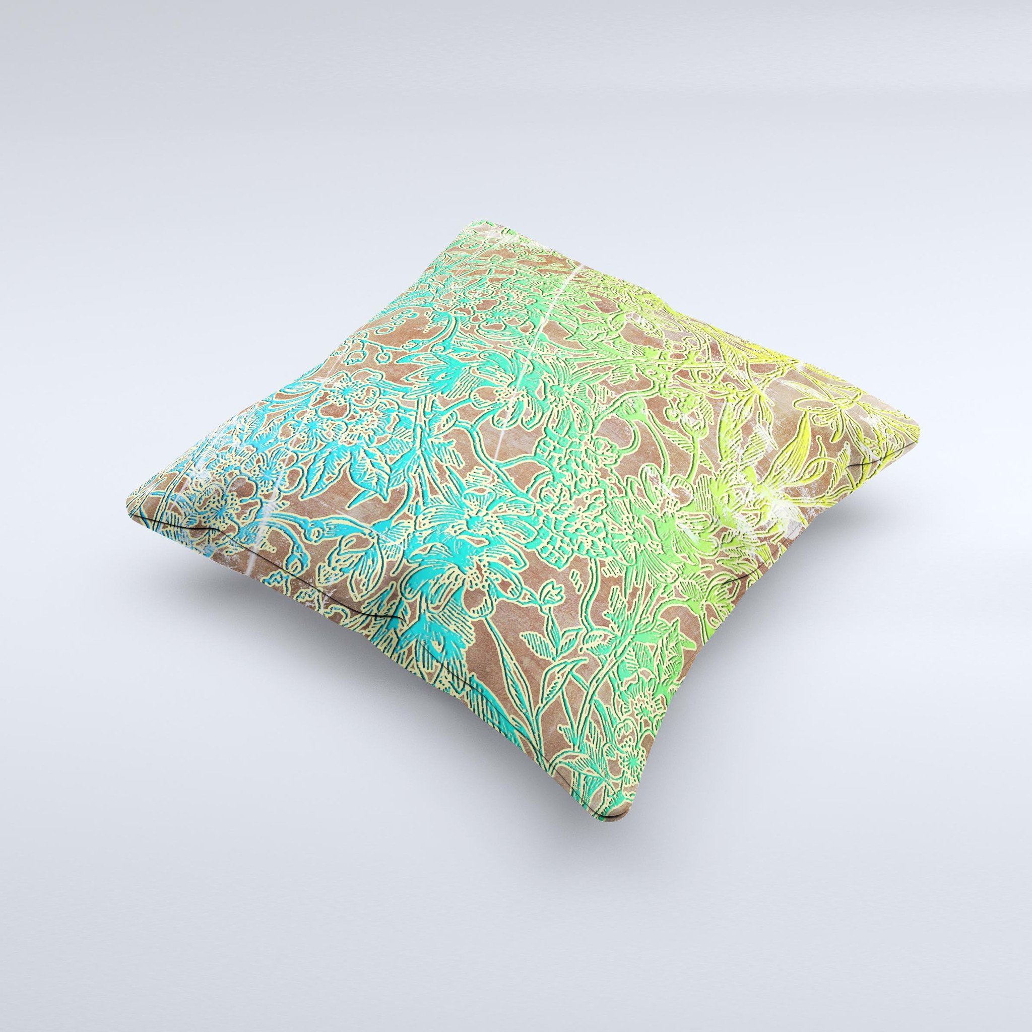 Bright green decorative throw pillow with floral lace design, showcasing a unique handmade quality.