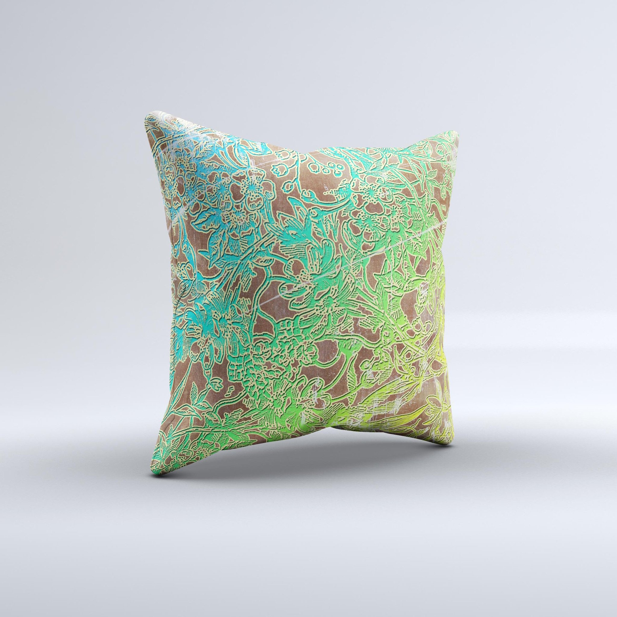 Bright green decorative throw pillow with floral lace design, showcasing a unique handmade quality.