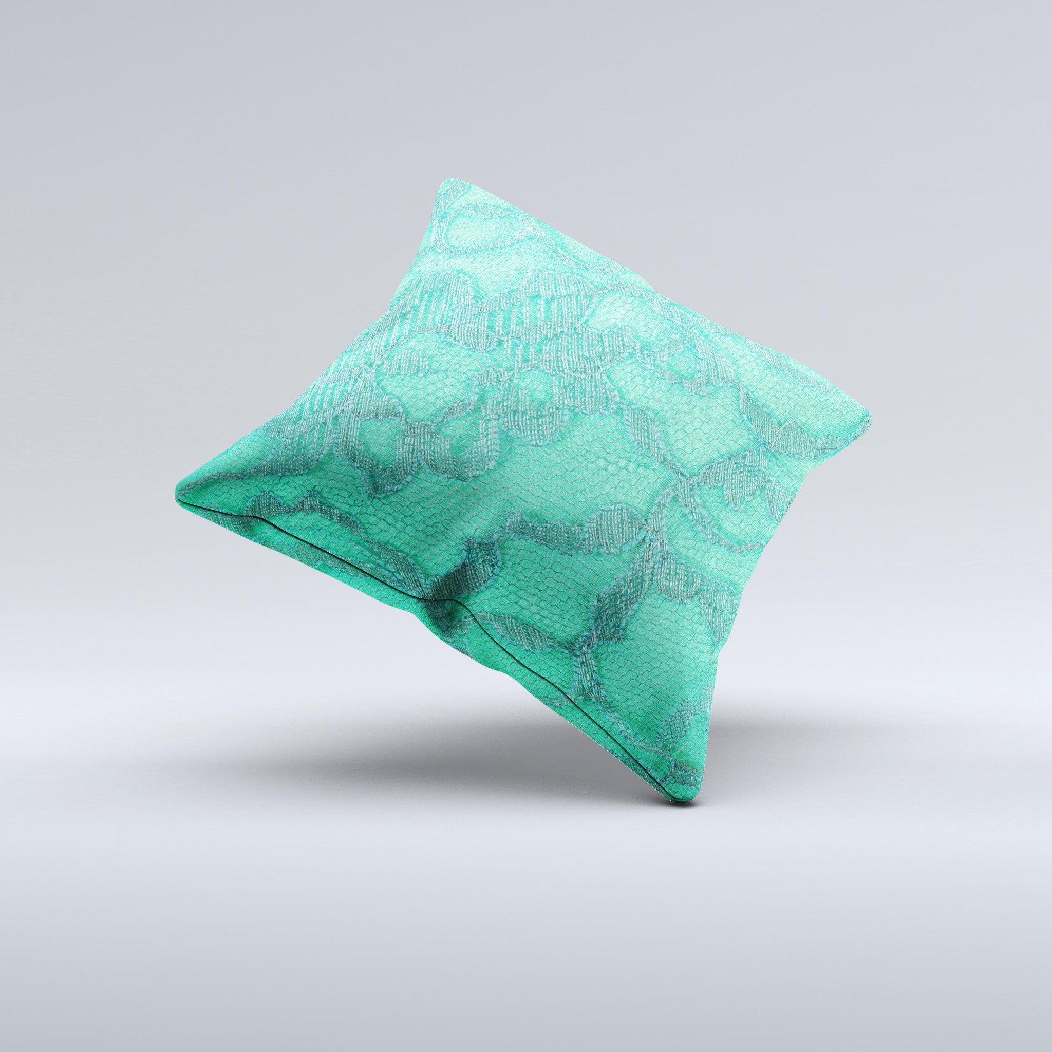 Bright green decorative throw pillow with lace design, showcasing unique handmade details and high-quality fabric.