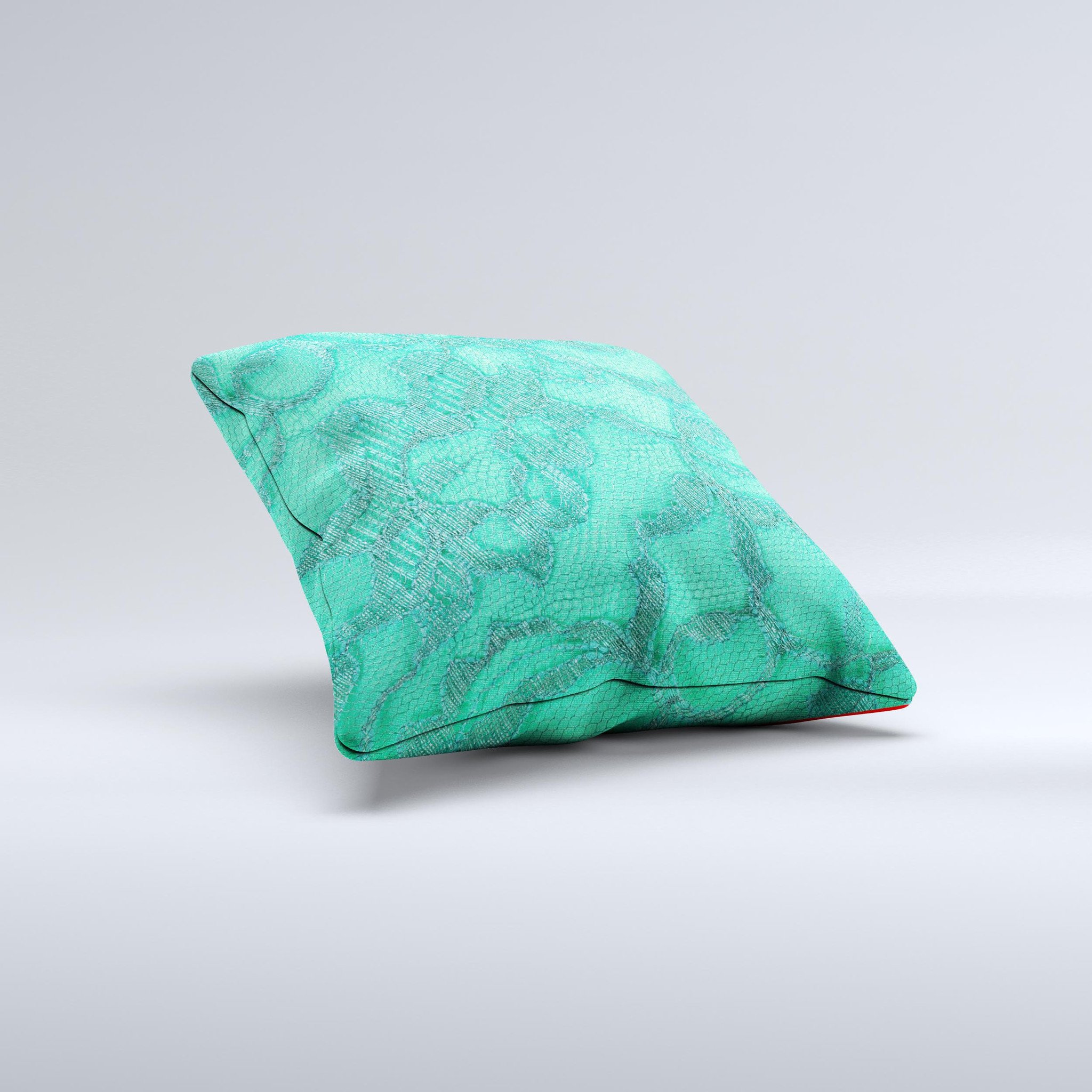 Bright green decorative throw pillow with lace design, showcasing unique handmade details and high-quality fabric.