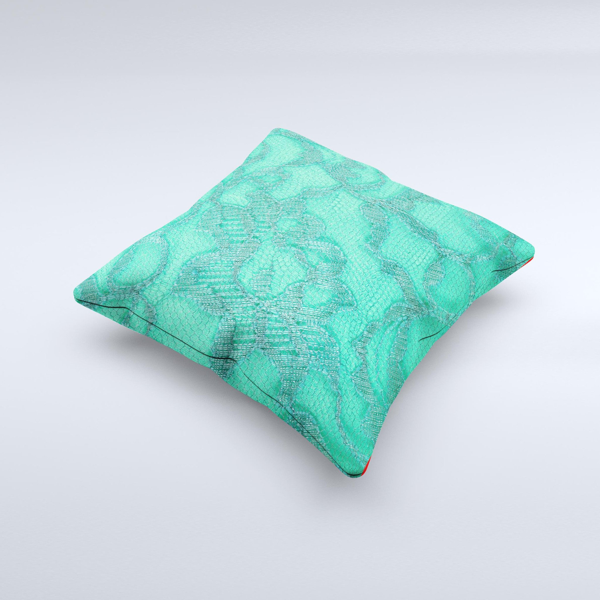 Bright green decorative throw pillow with lace design, showcasing unique handmade details and high-quality fabric.