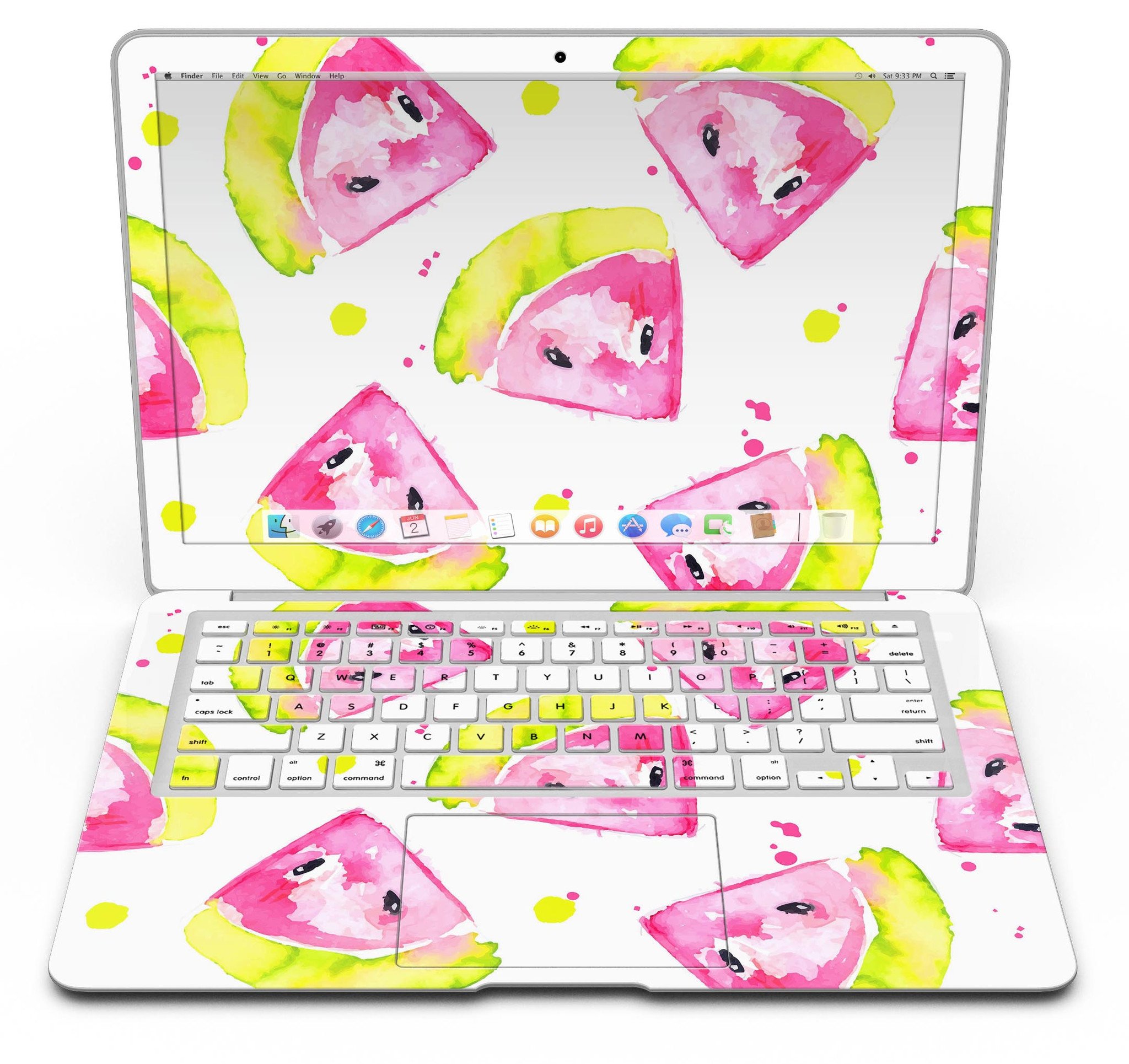 Bright Highlighter WaterColor-Melins skin kit for MacBook Air, showcasing vibrant colors and a sleek design.