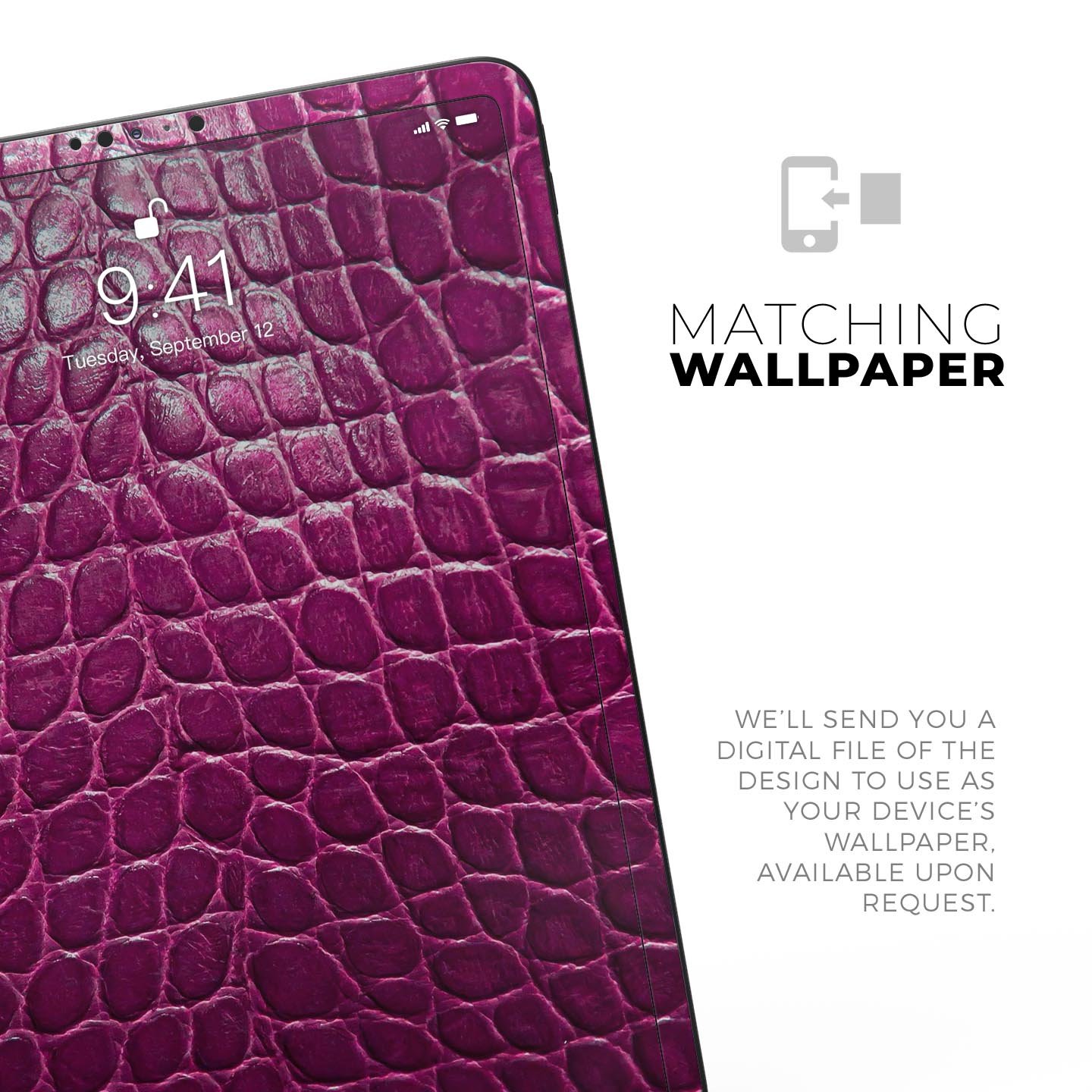 Bright magenta alligator skin decal for Apple devices, showcasing a textured design and vibrant color for stylish protection.