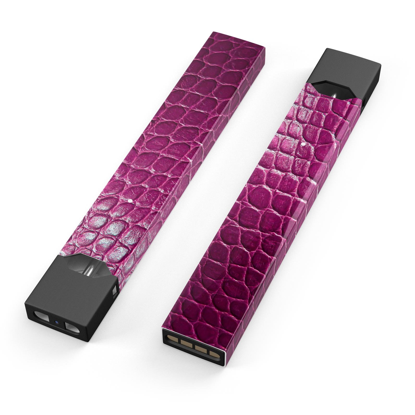 Bright magenta alligator skin decal wrap for JUUL vaping device, showcasing vibrant color and textured design.