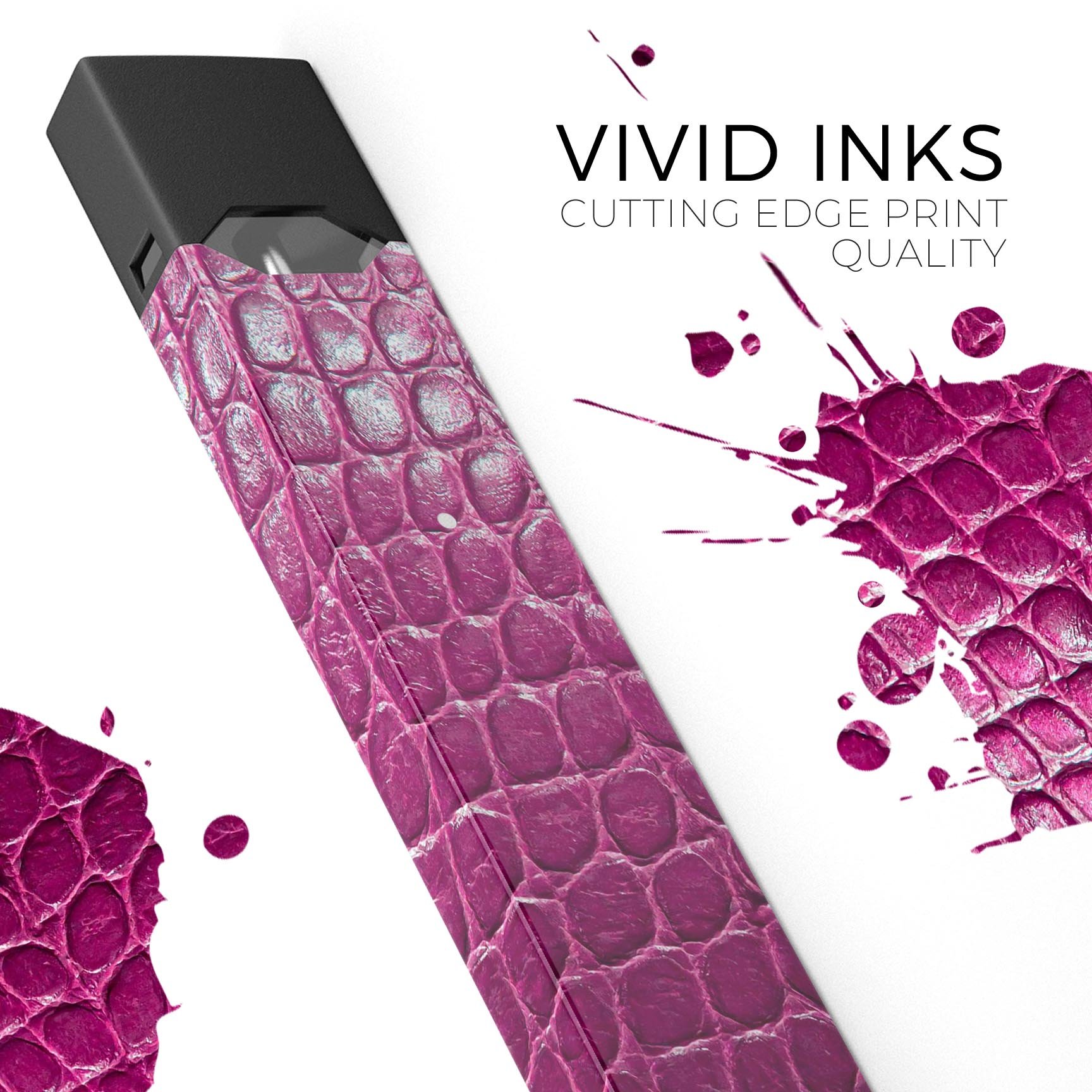 Bright magenta alligator skin decal wrap for JUUL vaping device, showcasing vibrant color and textured design.