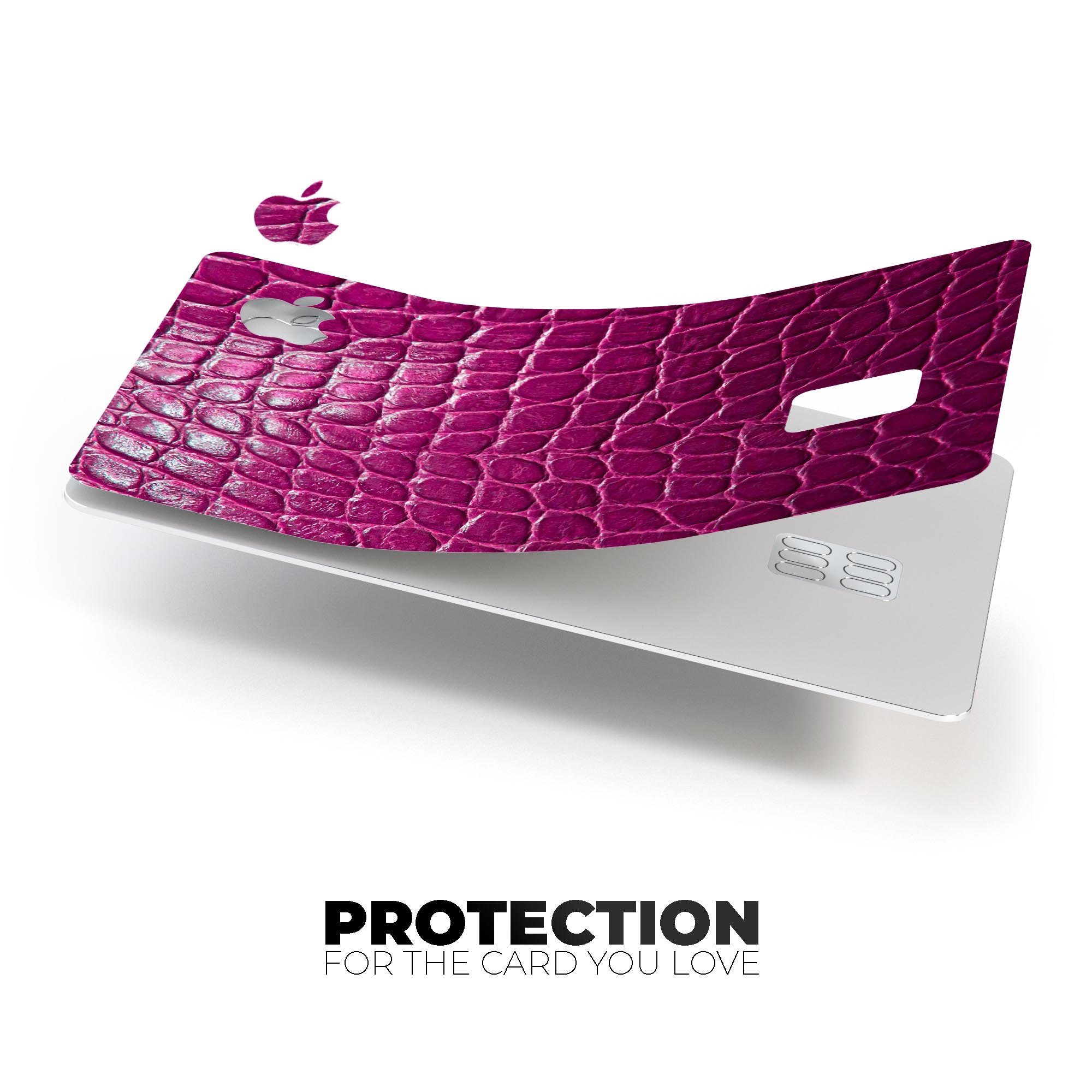 Bright magenta alligator skin decal skin-kit for Apple Card, showcasing its vibrant color and textured finish.