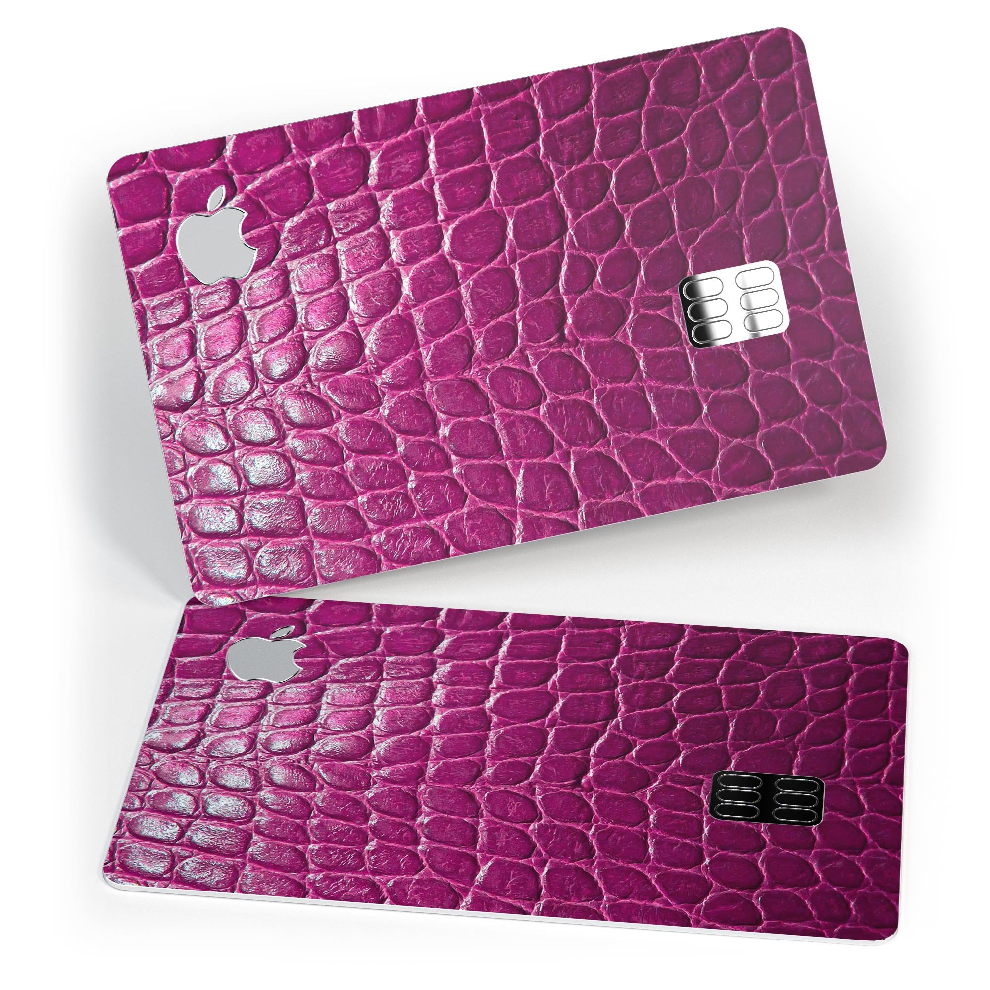 Bright magenta alligator skin decal skin-kit for Apple Card, showcasing its vibrant color and textured finish.