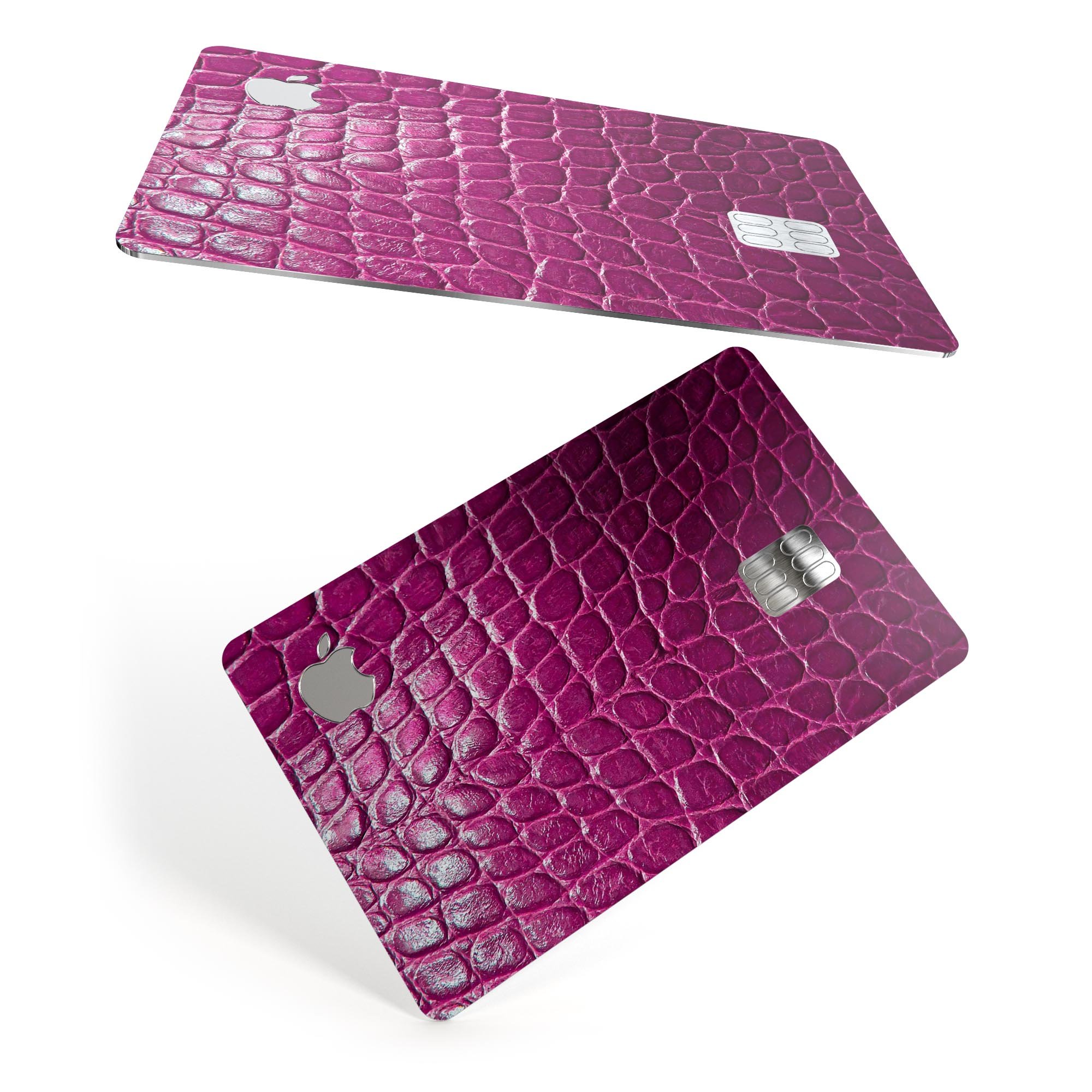 Bright magenta alligator skin decal skin-kit for Apple Card, showcasing its vibrant color and textured finish.