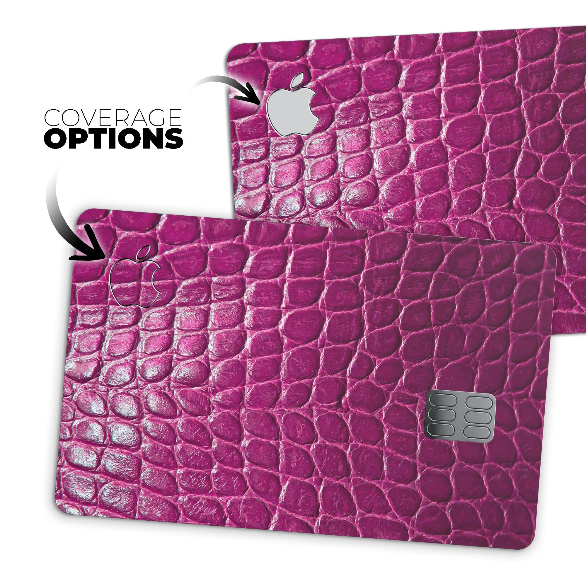 Bright magenta alligator skin decal skin-kit for Apple Card, showcasing its vibrant color and textured finish.