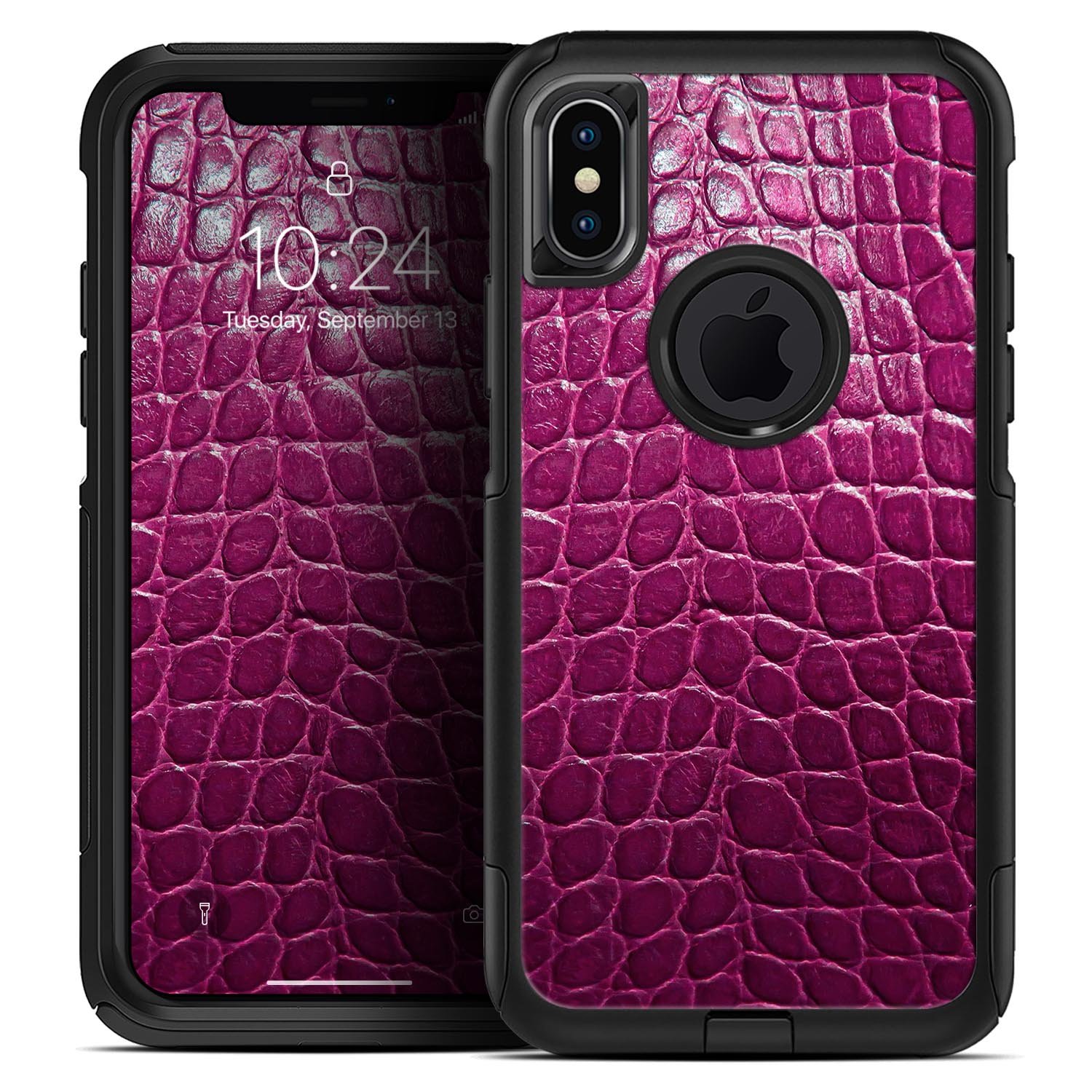 Bright magenta alligator skin skin kit for iPhone OtterBox cases, showcasing its vibrant color and textured design.