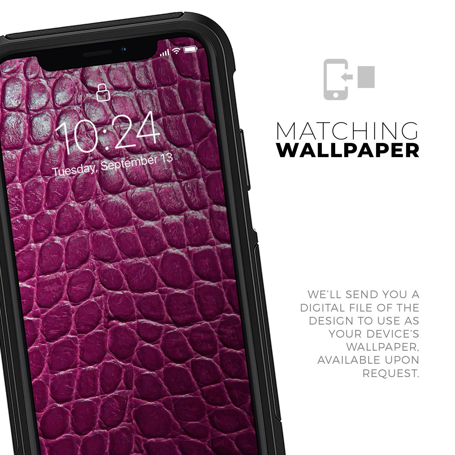 Bright magenta alligator skin skin kit for iPhone OtterBox cases, showcasing its vibrant color and textured design.