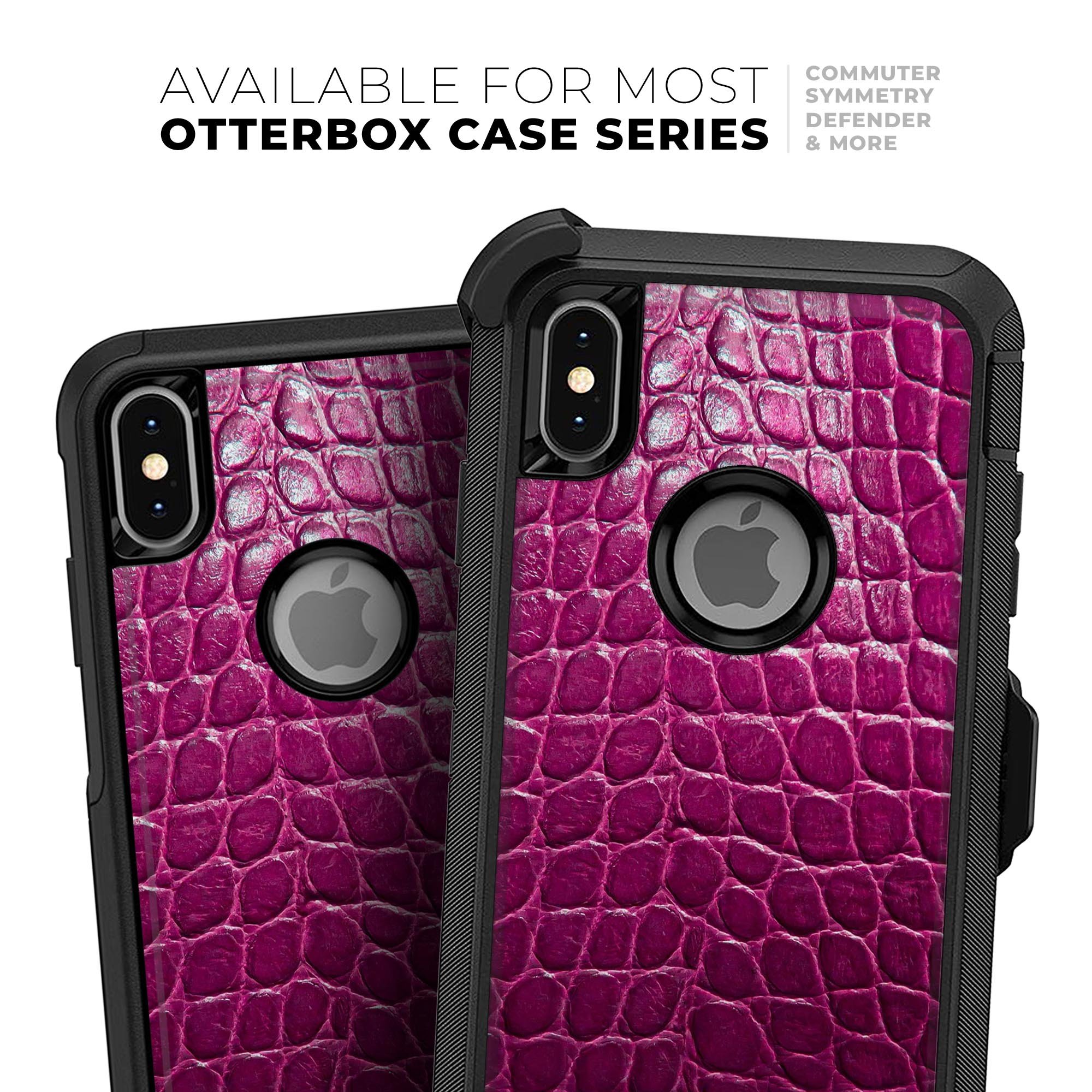 Bright magenta alligator skin skin kit for iPhone OtterBox cases, showcasing its vibrant color and textured design.