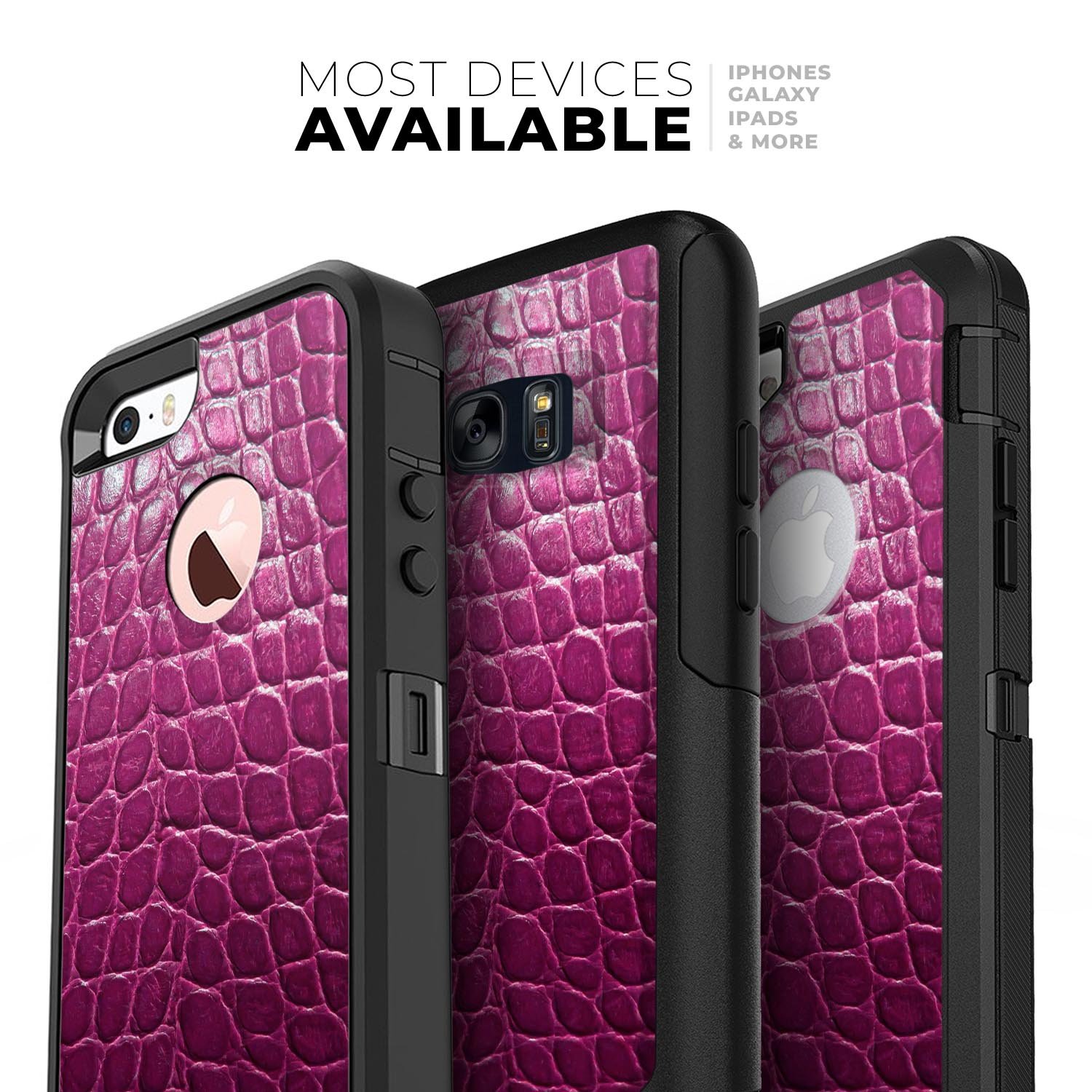 Bright magenta alligator skin skin kit for iPhone OtterBox cases, showcasing its vibrant color and textured design.