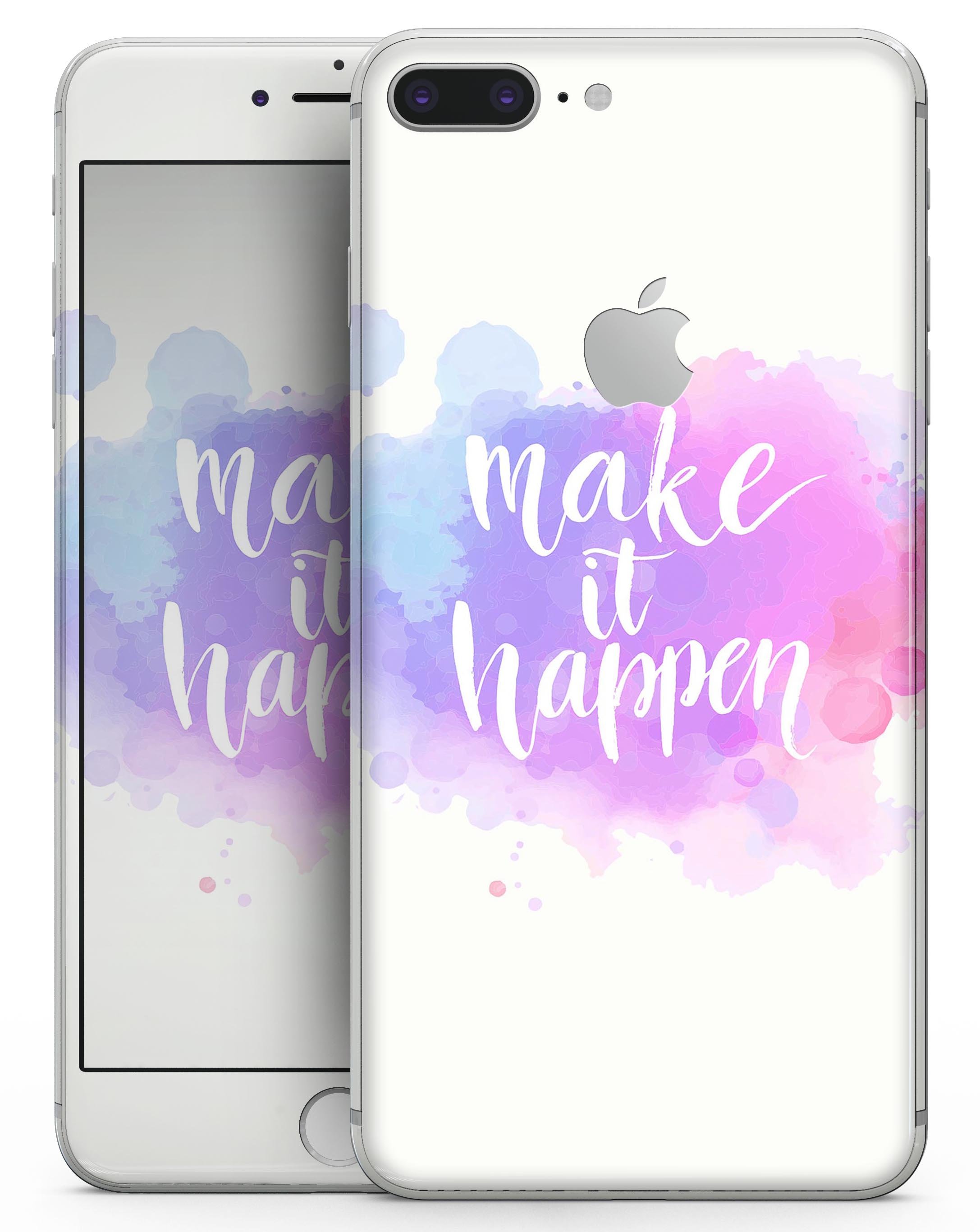 Bright Make it Happen Skin-kit for iPhone 8 and 8 Plus, showcasing premium vinyl design with ultra-gloss and soft-matte finish options.